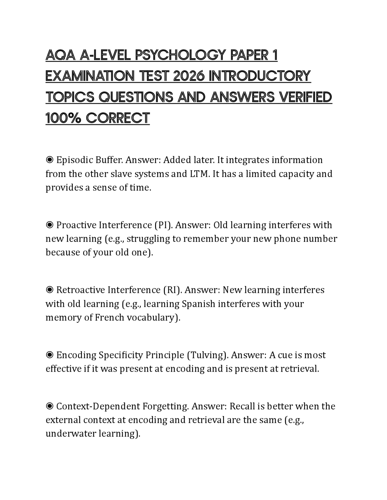 AQA A-LEVEL PSYCHOLOGY PAPER 1 EXAMINATION TEST 2026 INTRODUCTORY ...