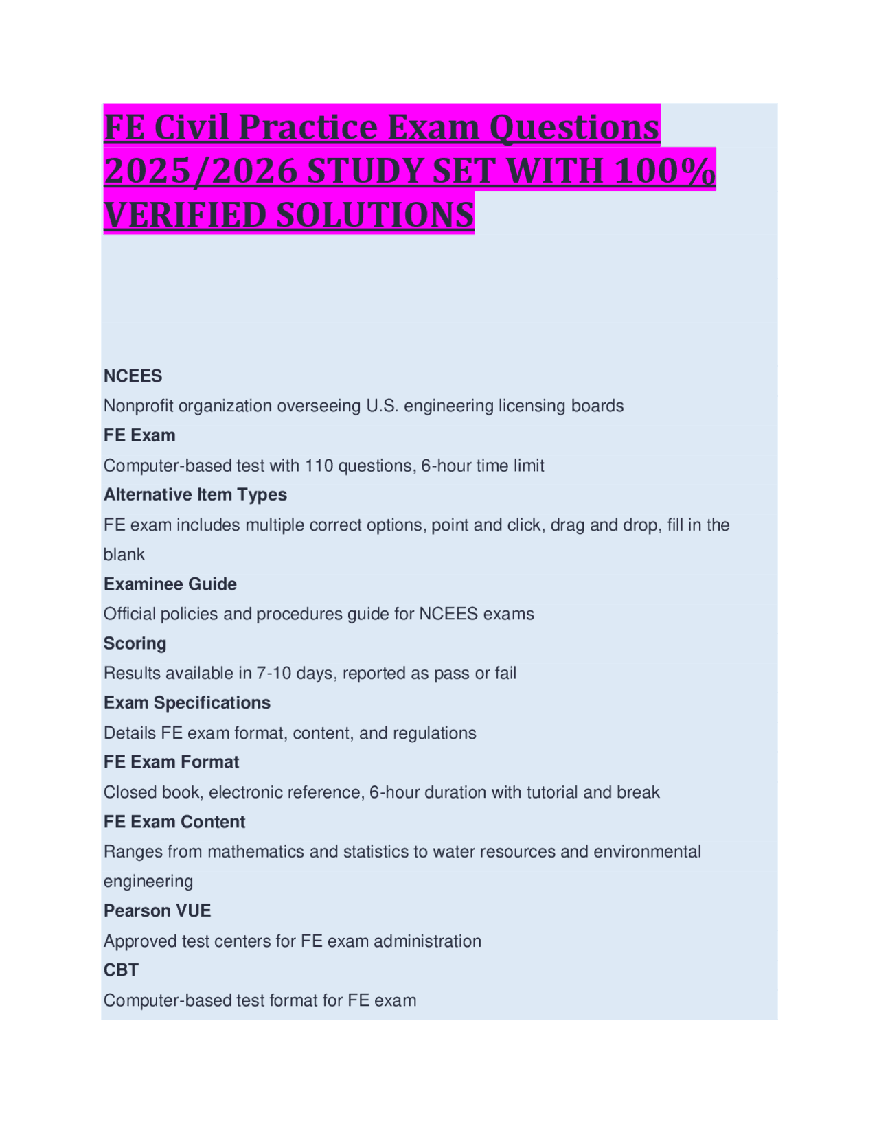 FE Civil Practice Exam Questions 2025/2026 STUDY SET WITH 100% VERIFIED ...