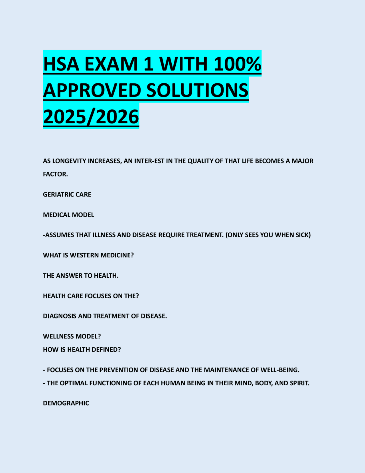 Hsa Questions HSA EXAM 1 WITH 100% APPROVED SOLUTIONS 2025/2026 | Exams Health ...