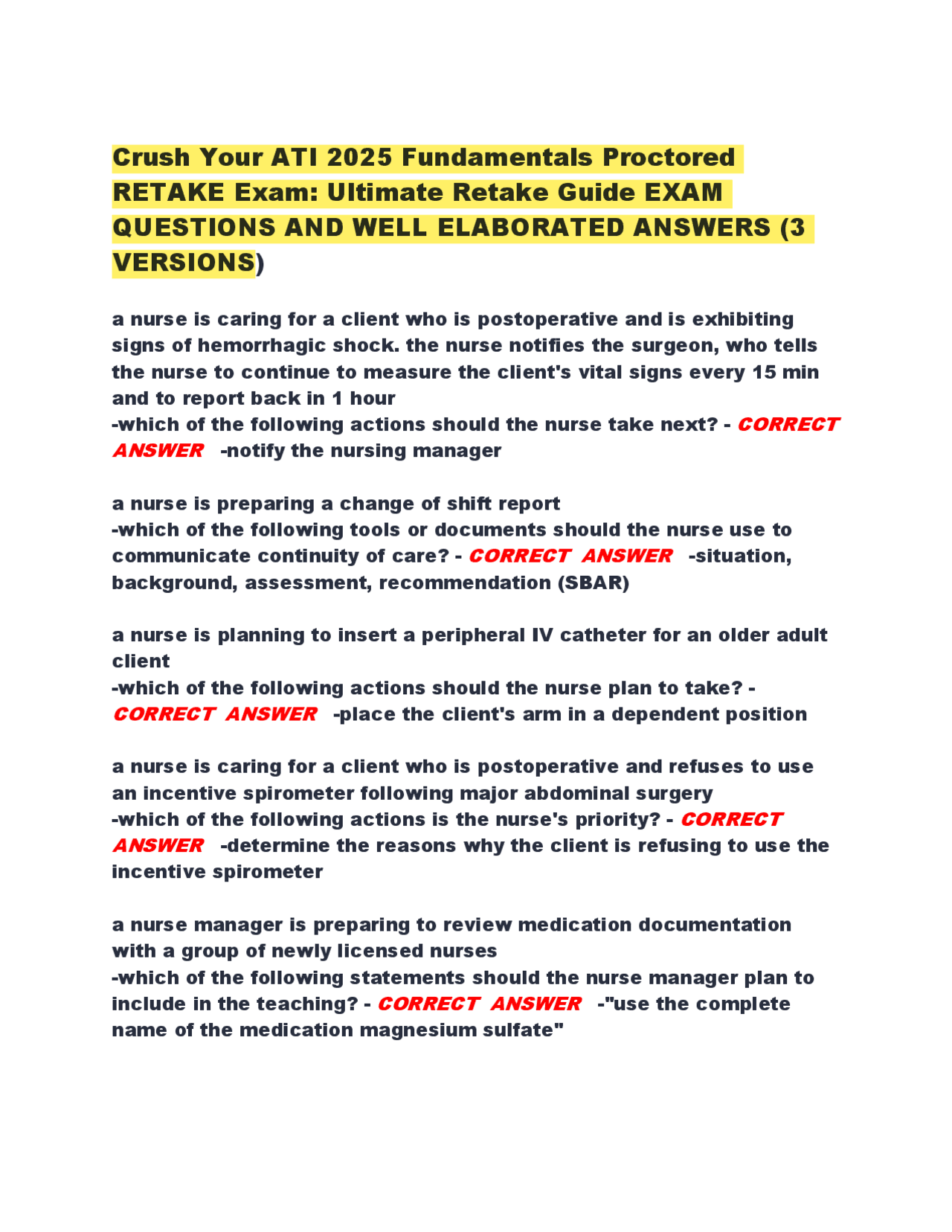 Fundamentals Exam Review: Questions and Answers | Exams Nursing | Docsity
