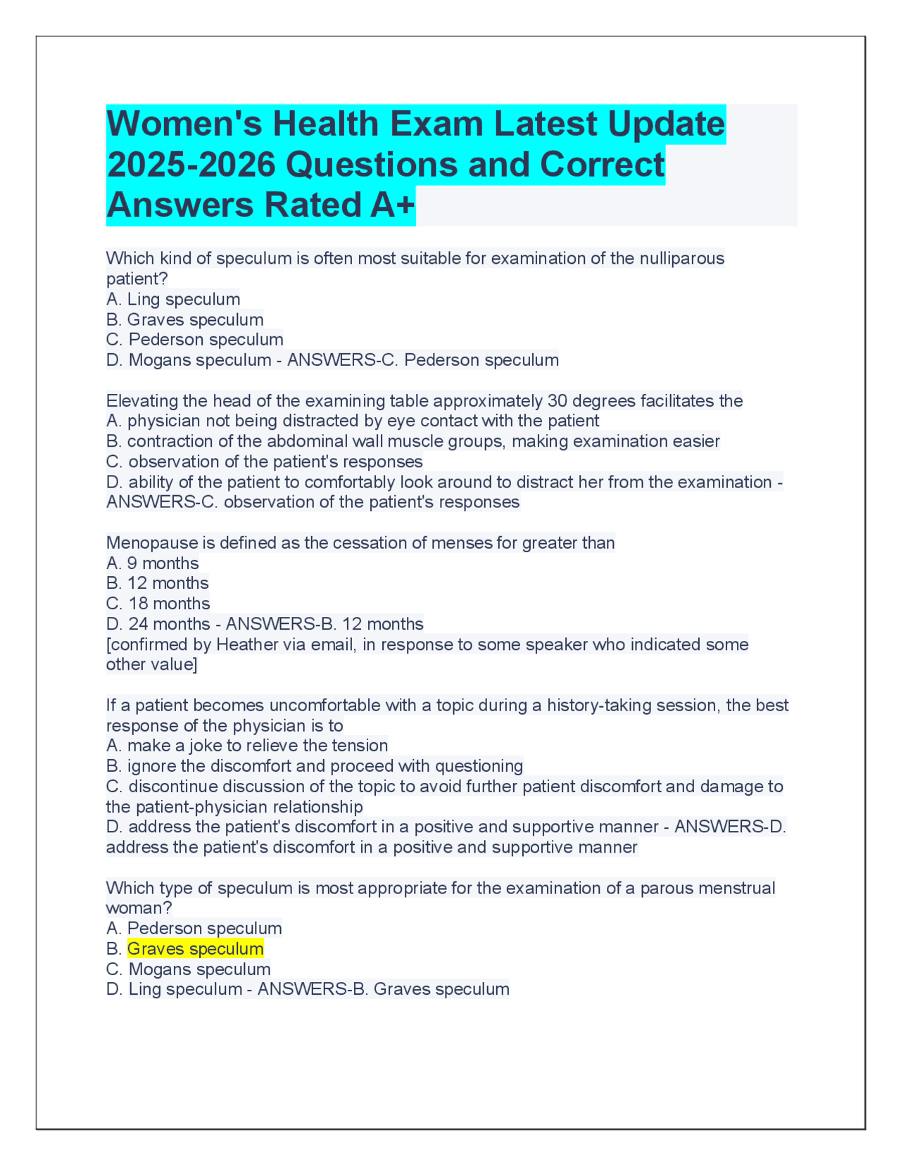 Women's Health Exam Latest Update 2025-2026 Questions and Correct