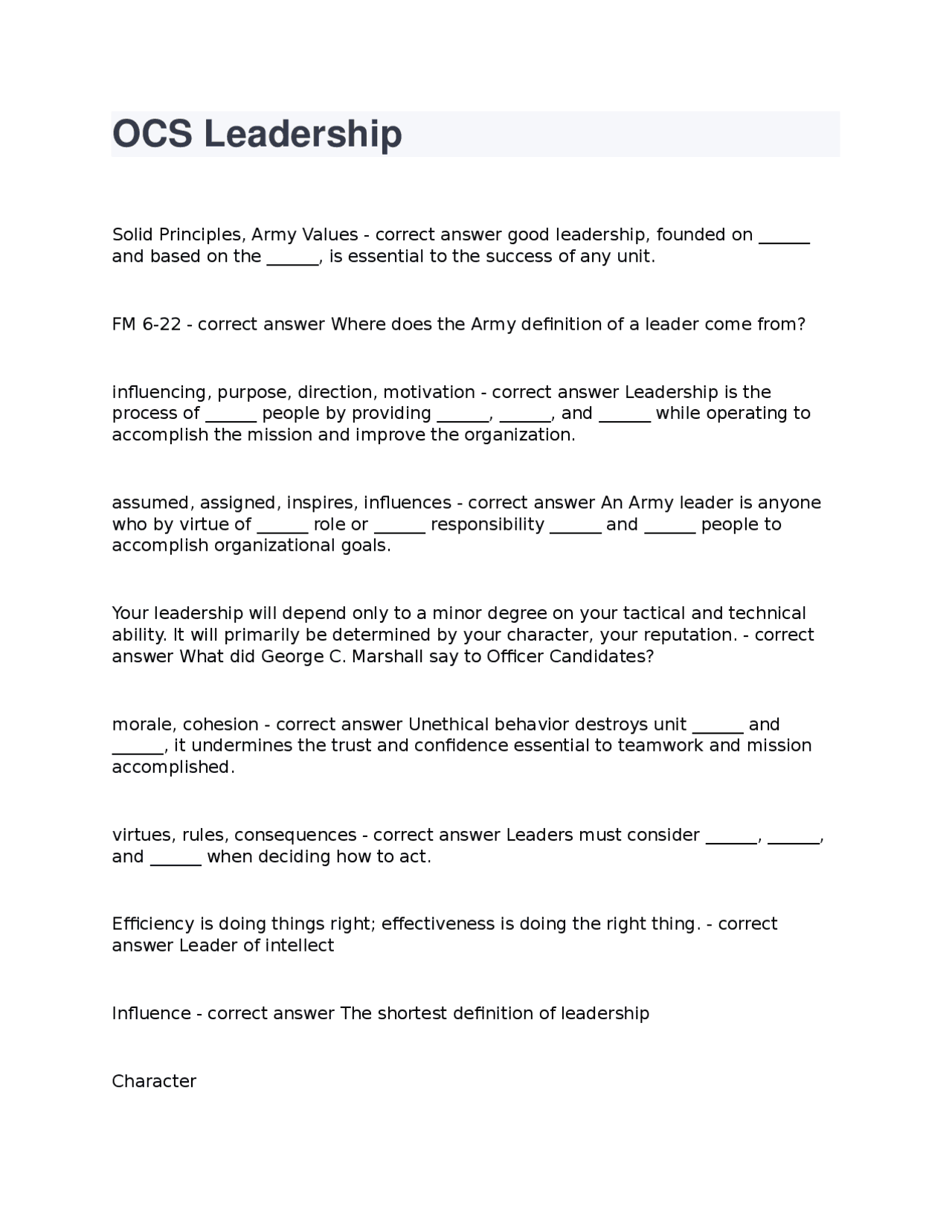 OCS Leadership Principles and Army Values: Q&A Study Guide | Exams ...