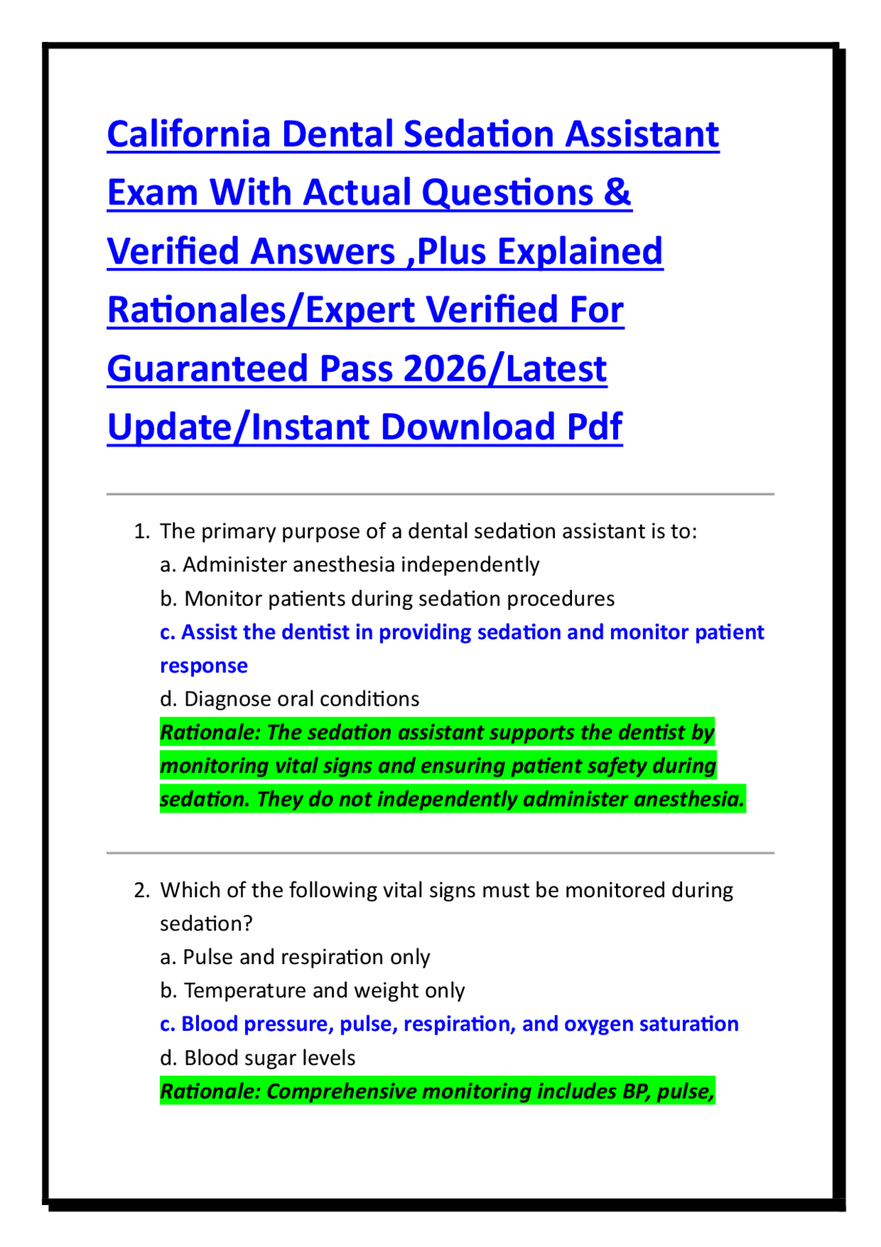 Dental Sedation Assistant Exam Questions and Answers | Exams Dentistry ...