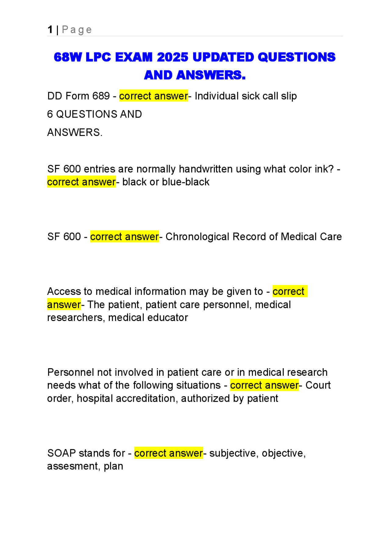 Example Lpc Question For Production 68W LPC Exam 2025: Updated Questions and Answers for Medical Personnel ...