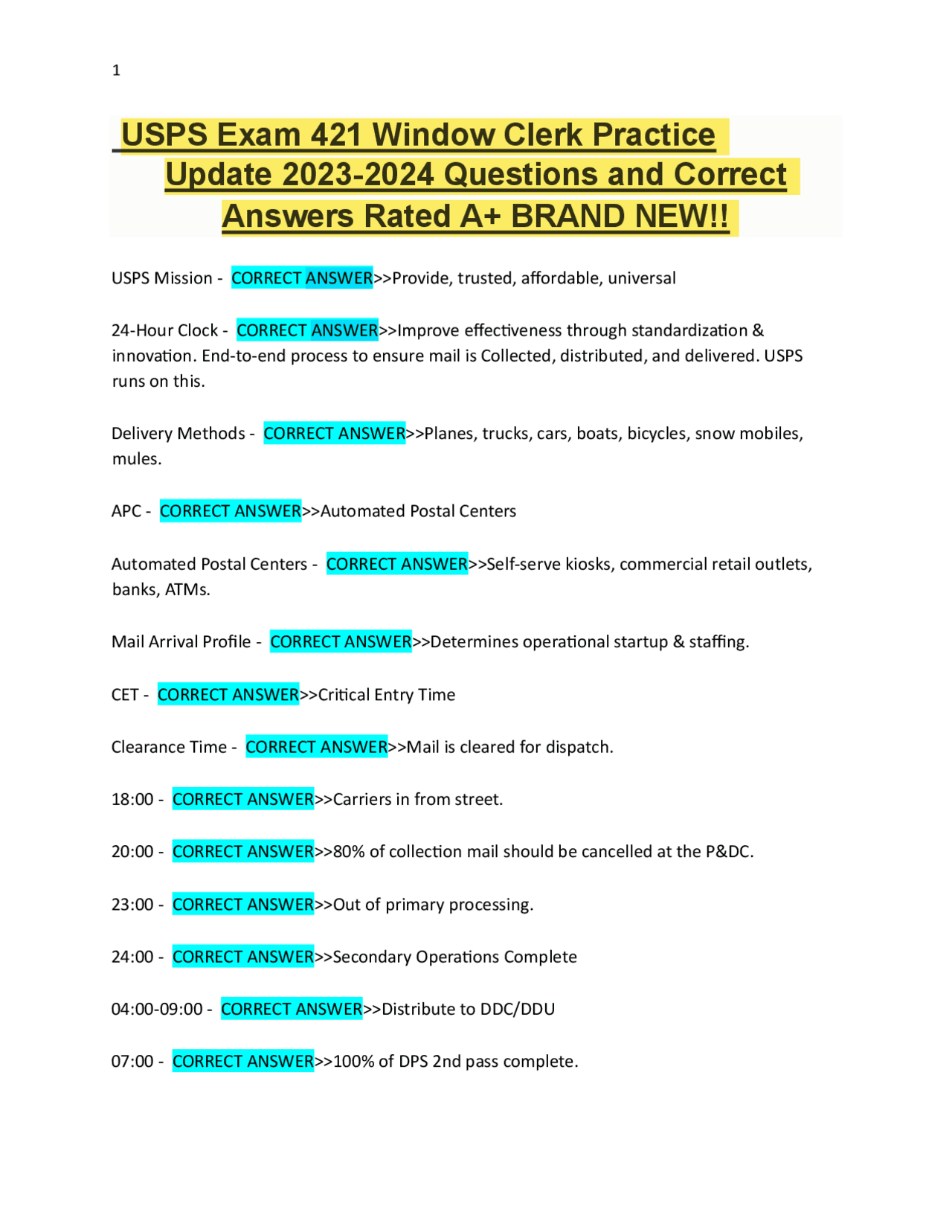 USPS Exam 421 Window Clerk Practice Questions and Answers 2023-2024 ...