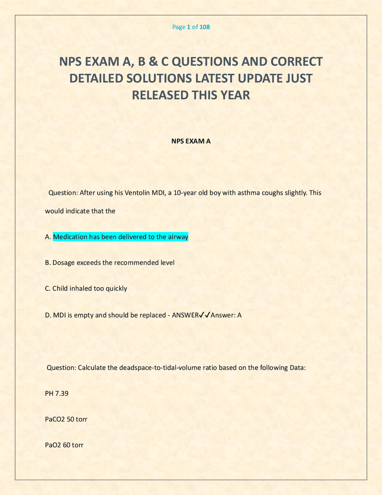 NPS Exam Questions and Detailed Solutions | Exams Nursing | Docsity
