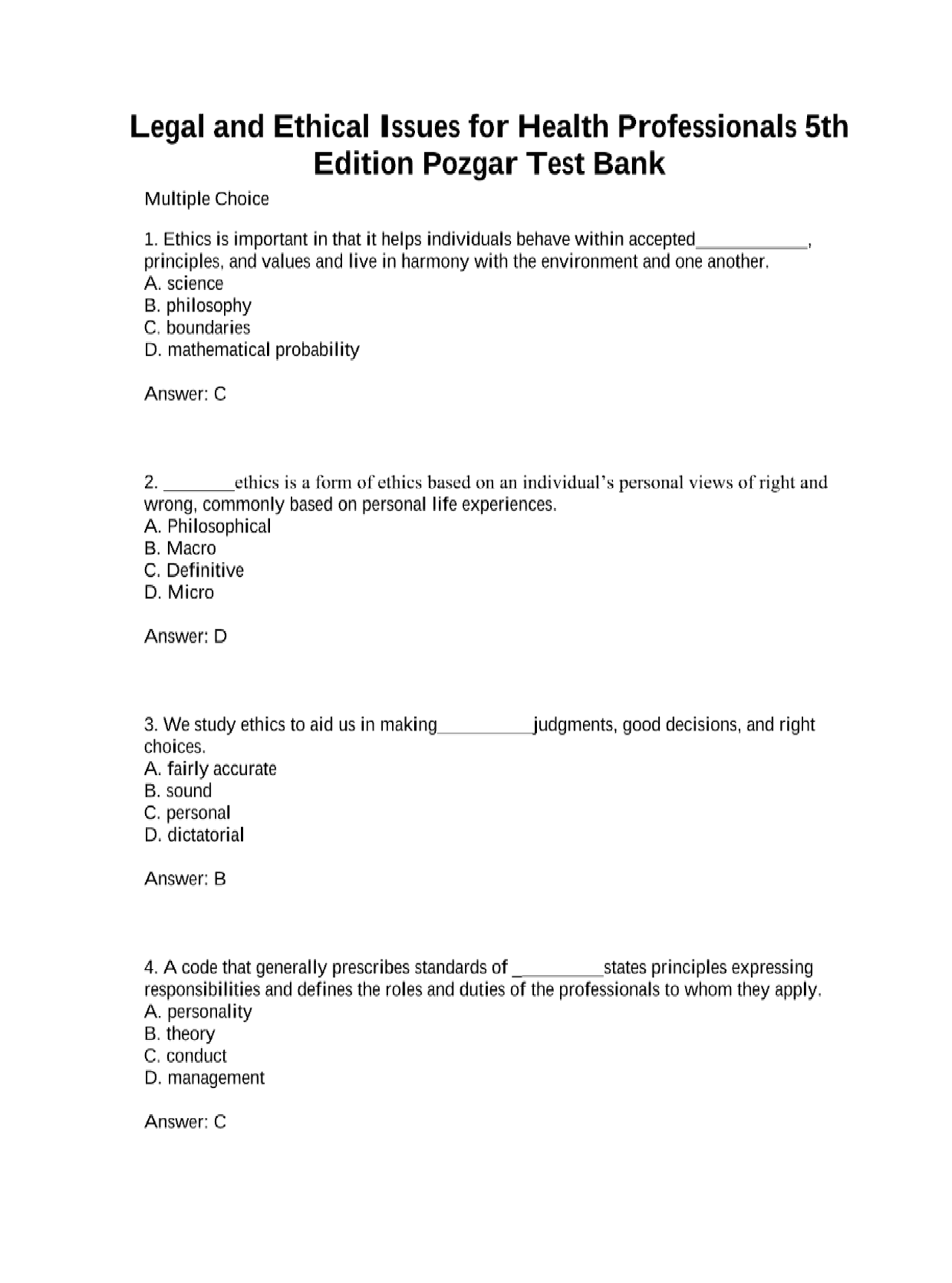 Test Bank – Legal and Ethical Issues for Health Professionals, 5th ...