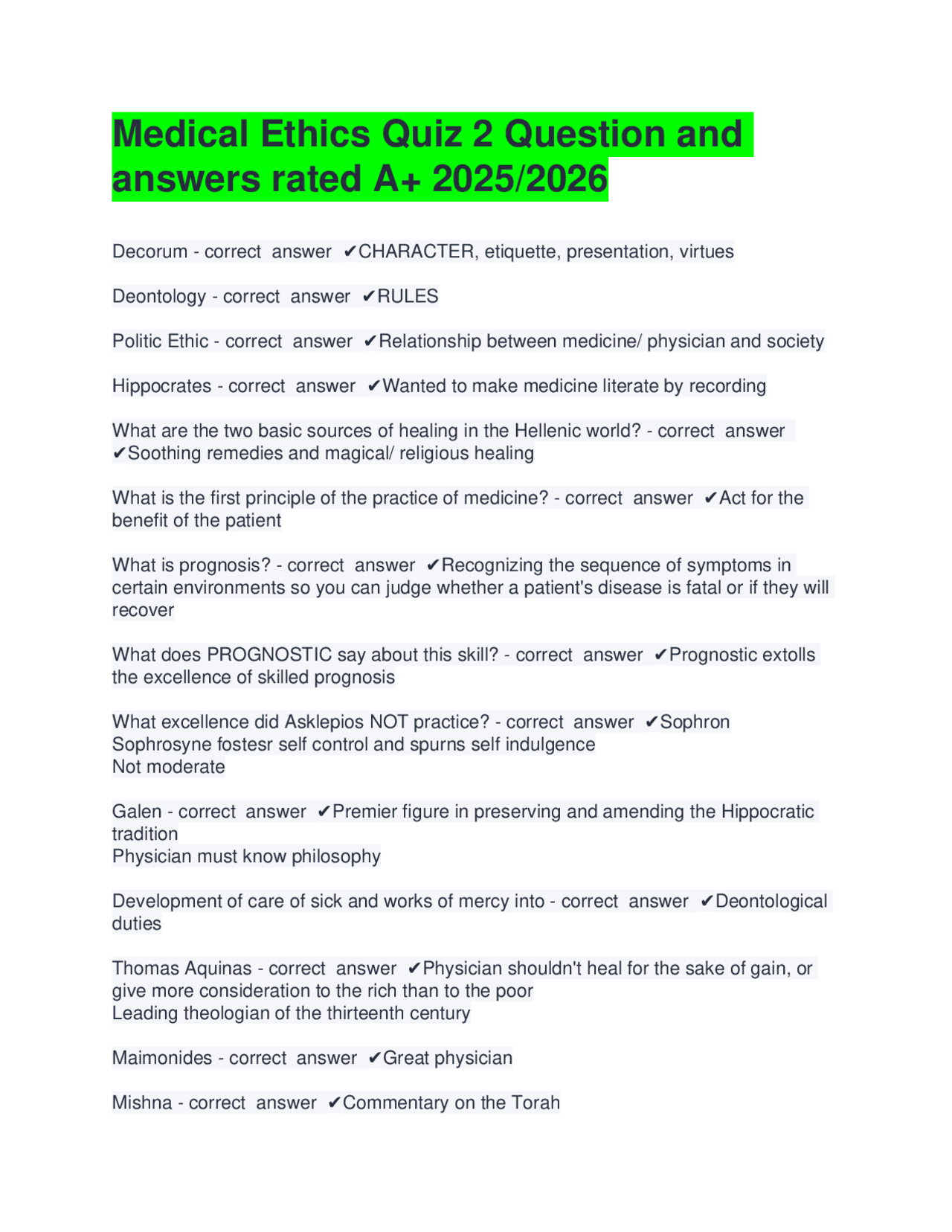 Medical Ethics Quiz: Questions and Answers for 2025/2026 | Exams ...