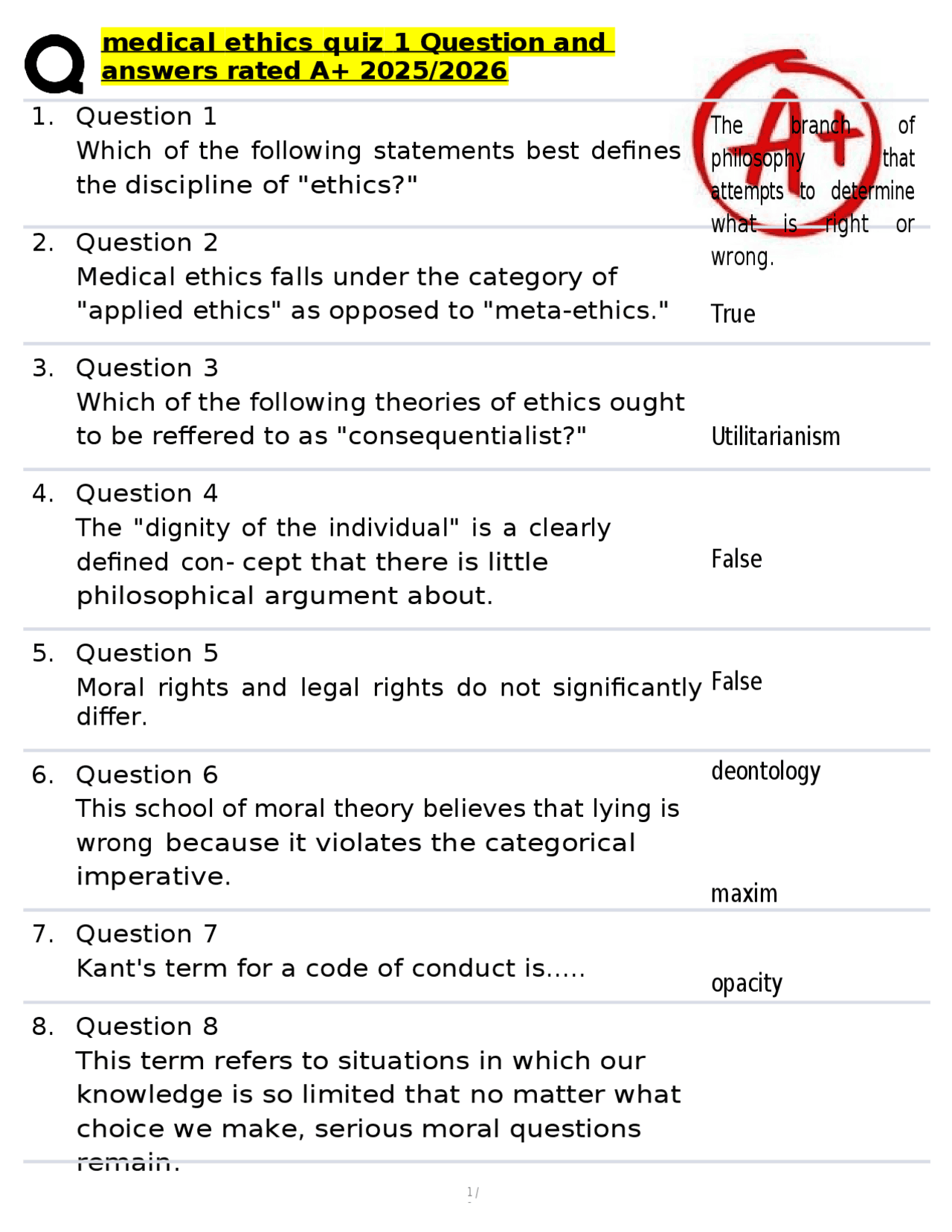 Medical Ethics Quiz: Questions and Answers for Students | Exams Medical ...