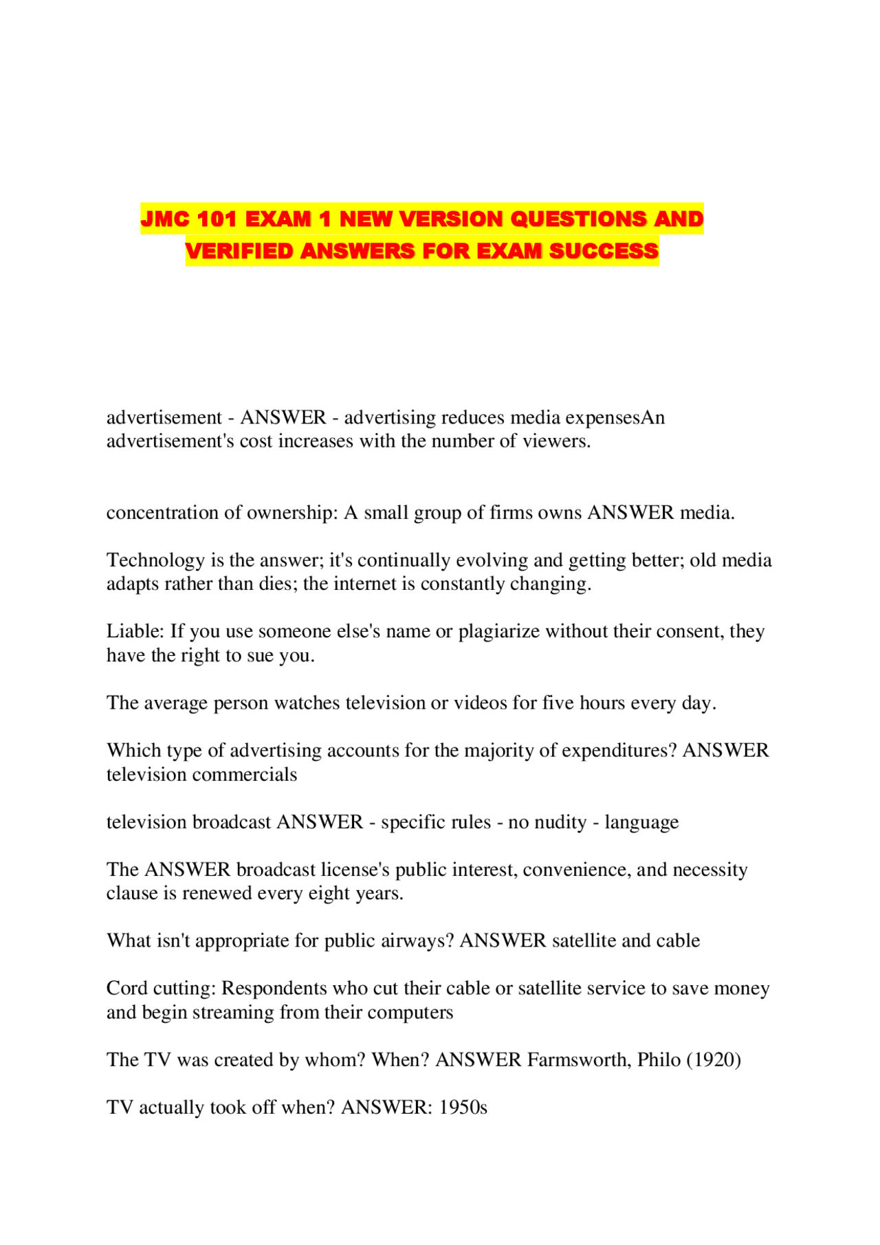 JMC 101 Exam 1: Questions and Verified Answers for Exam Success | Exams ...