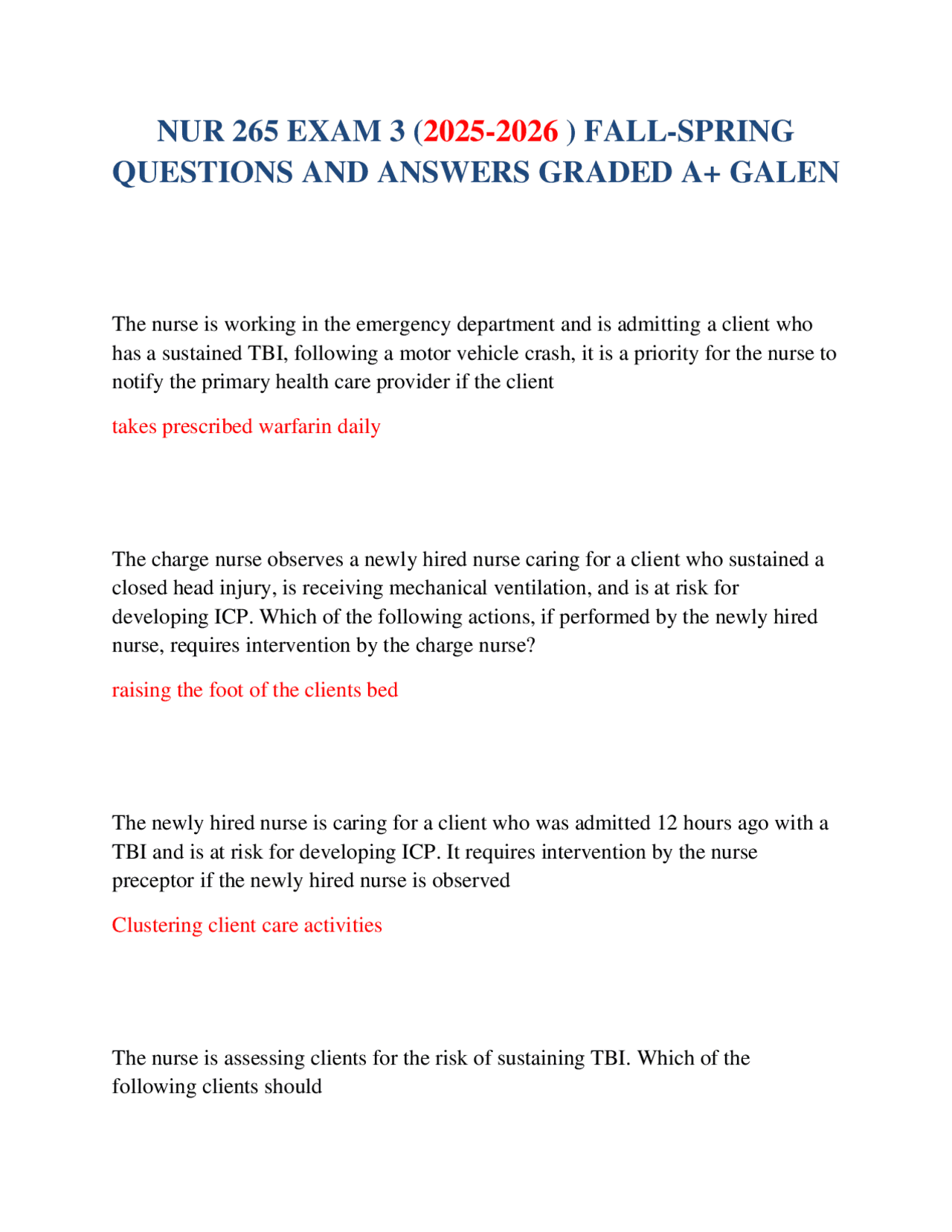 NUR 265 EXAM 3 (2025-2026 ) FALL-SPRING QUESTIONS AND ANSWERS GRADED A+ ...