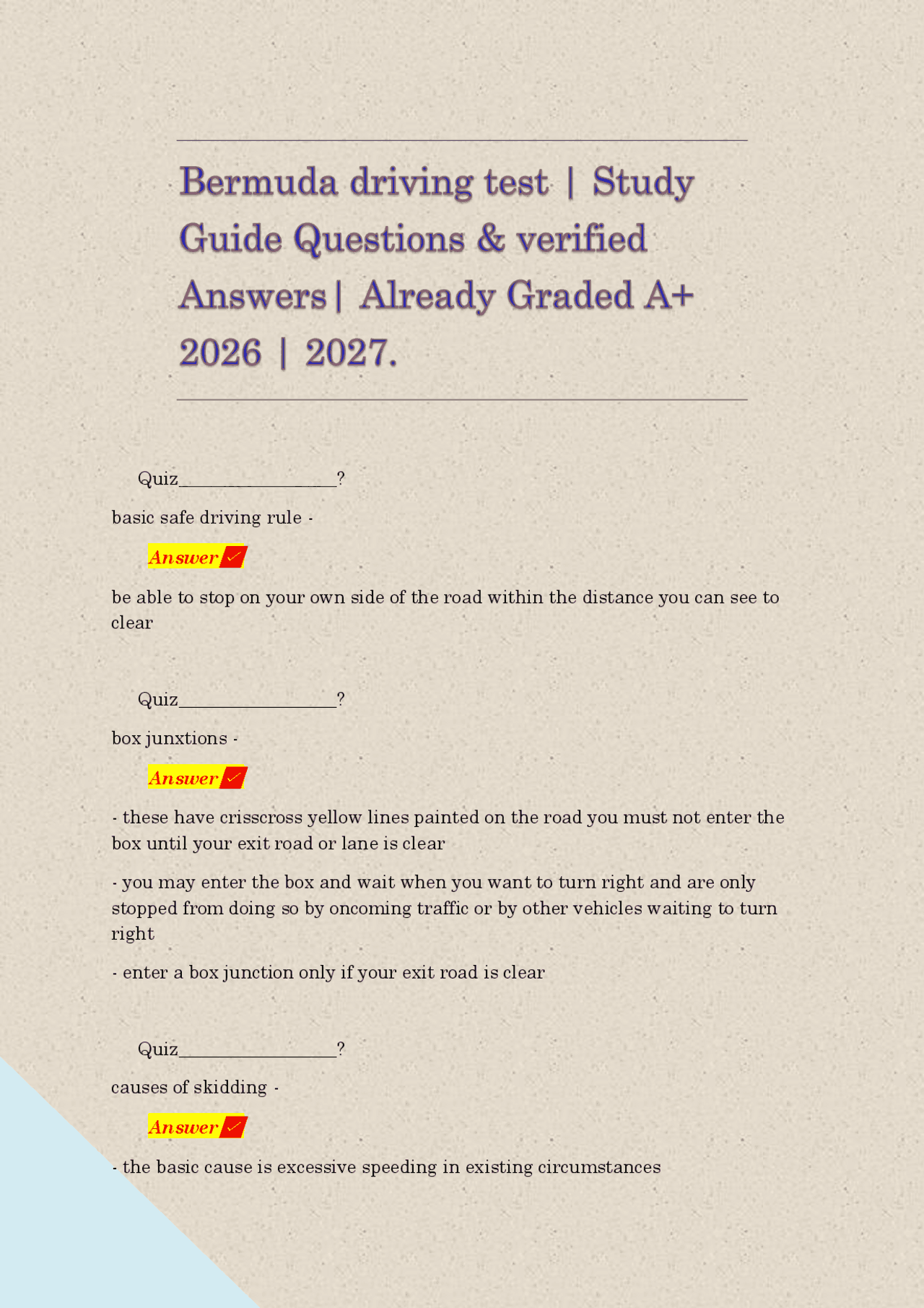 Bermuda driving test | Study Guide Questions & verified Answers ... - Vermont Driving Test Study Materials
