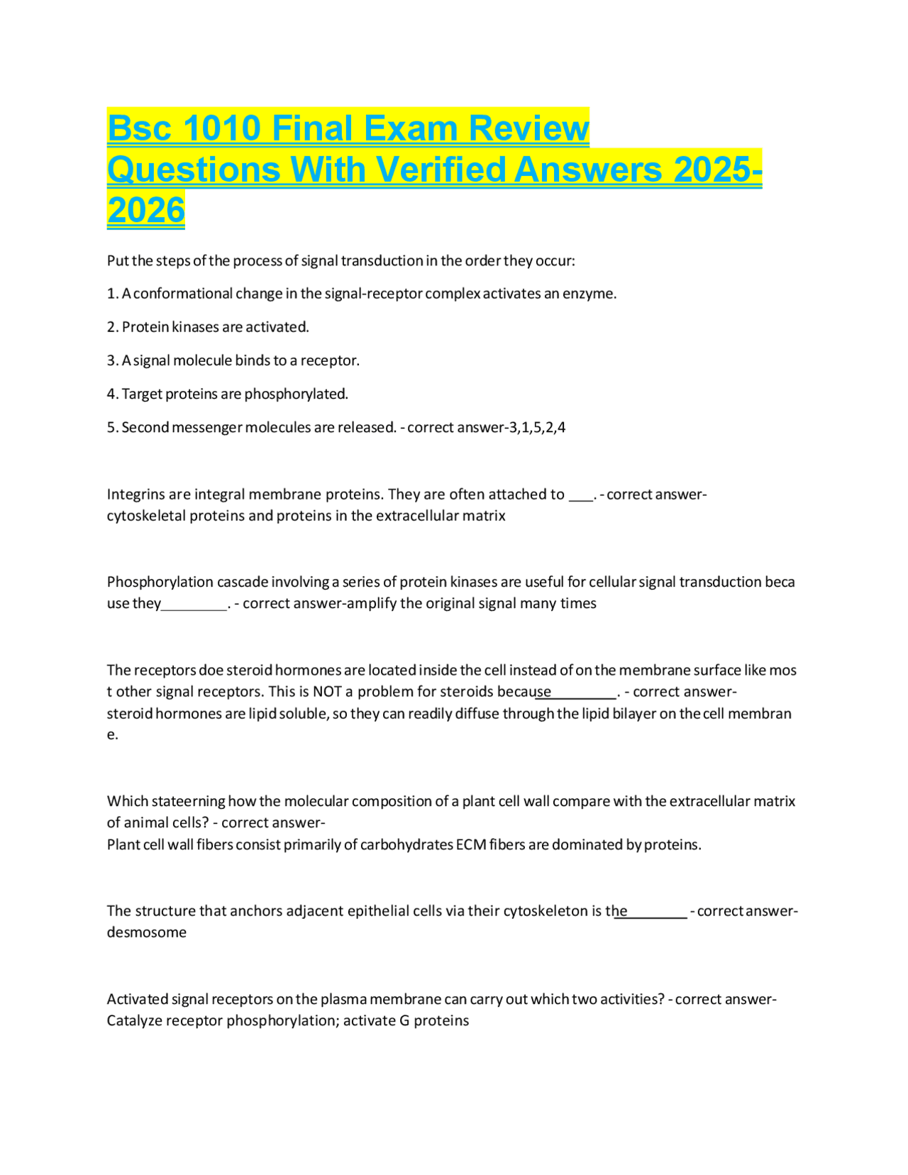 BSC 1010 – Final Exam Review (2025–2026) – Complete Review Questions ...