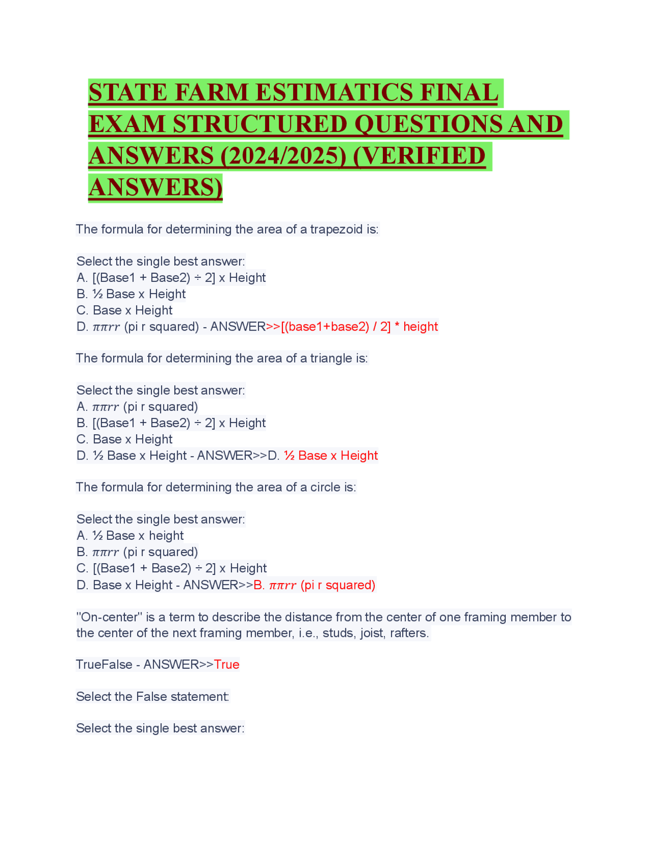 Structured Answer STATE FARM ESTIMATICS FINAL EXAM STRUCTURED QUESTIONS AND ANSWERS (2024 ...