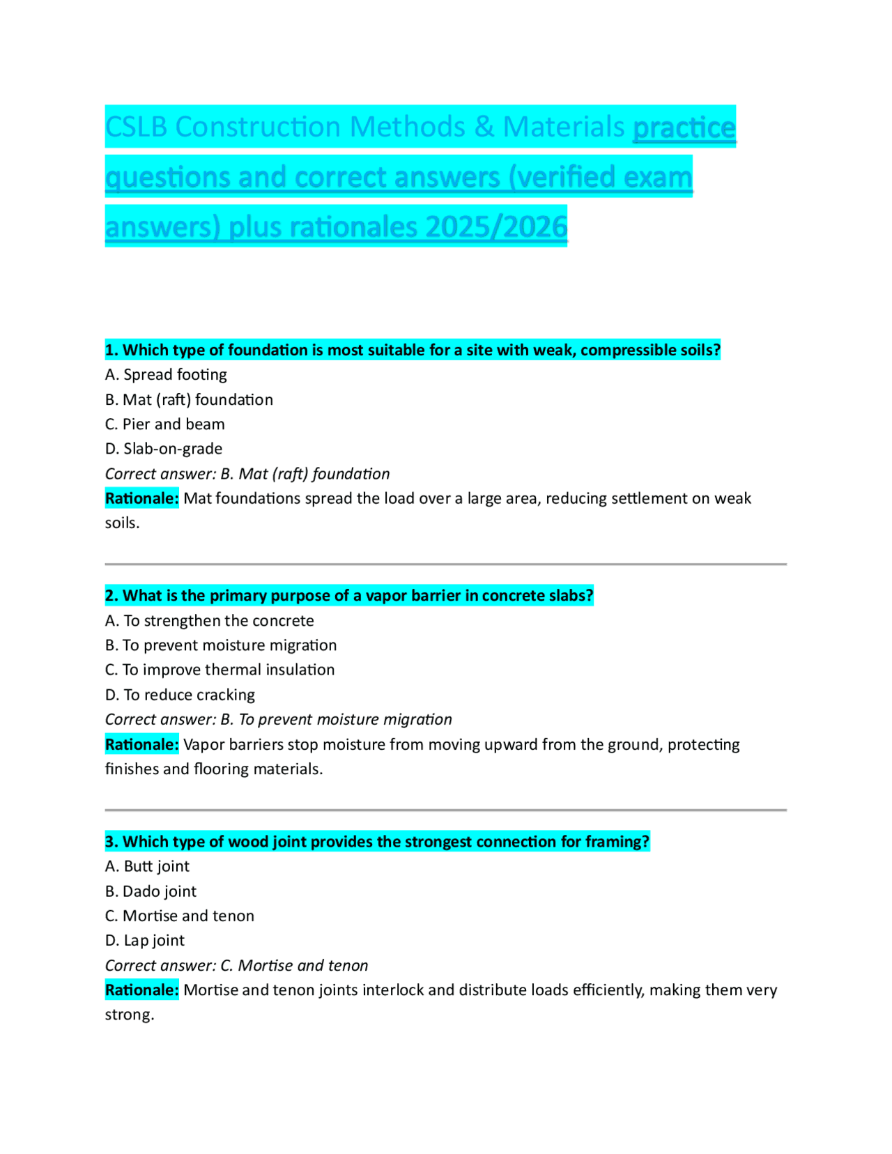 CSLB Construction Methods Exam Practice Questions and Verified Correct ...