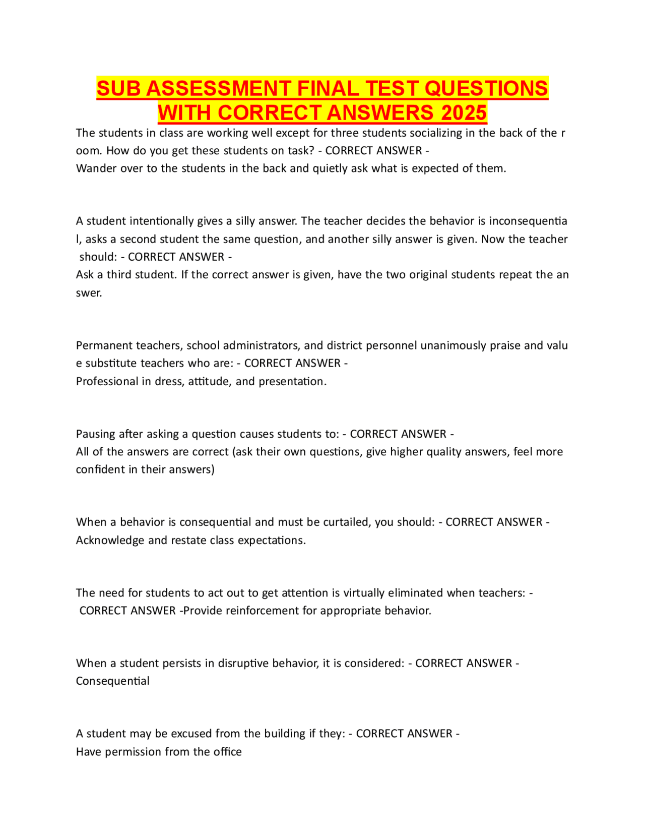 Substitute Teacher Assessment: Final Test Questions and Answers | Exams ...