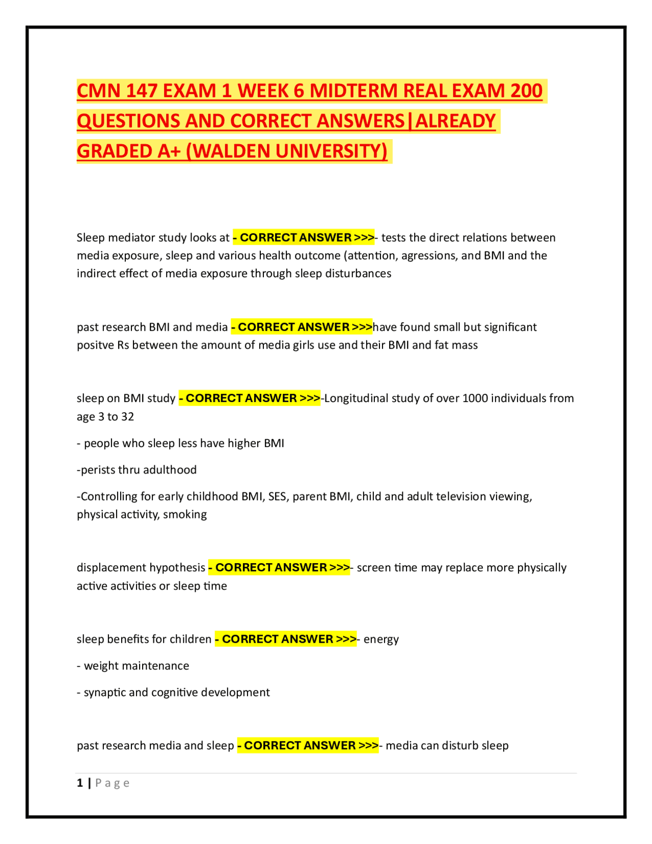 CMN 147 EXAM 1 WEEK 6 MIDTERM REAL EXAM 200 QUESTIONS AND CORRECT ...