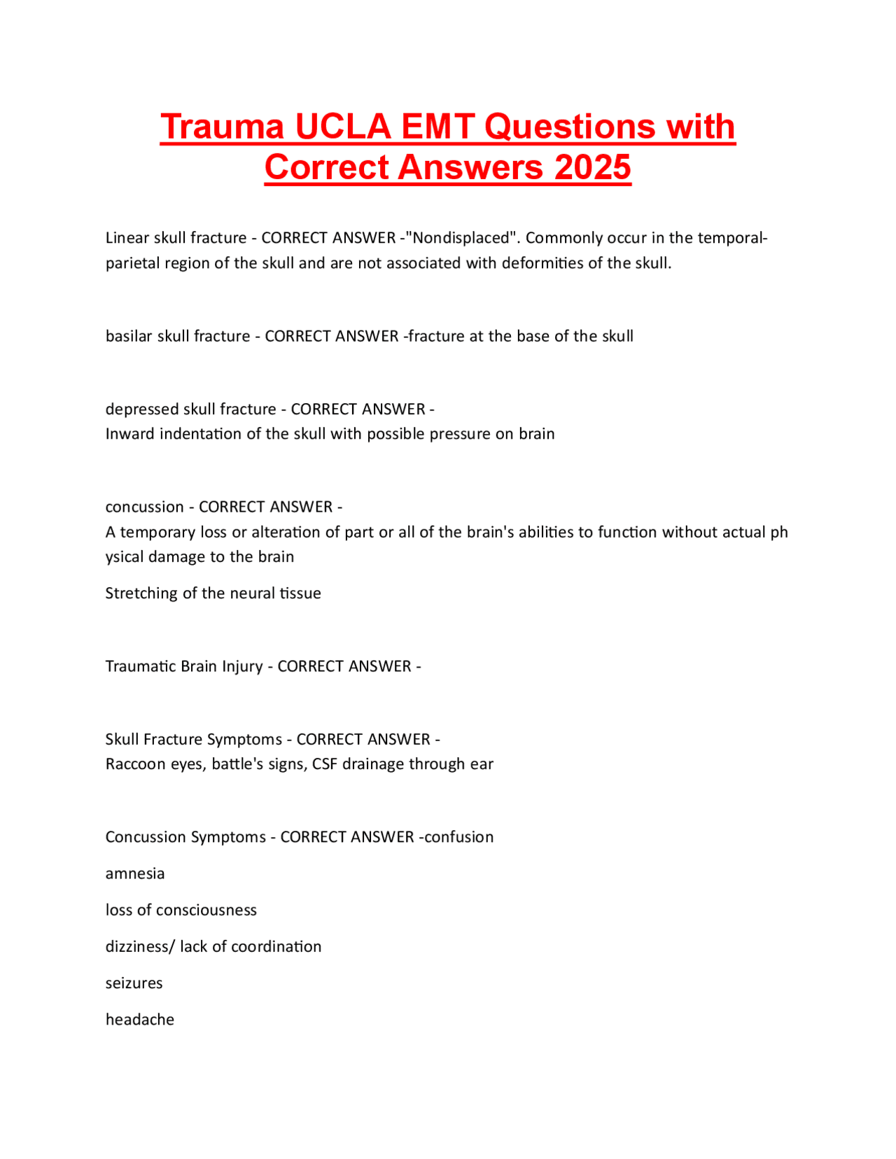 Trauma EMT Exam Questions and Answers | Exams Nursing | Docsity