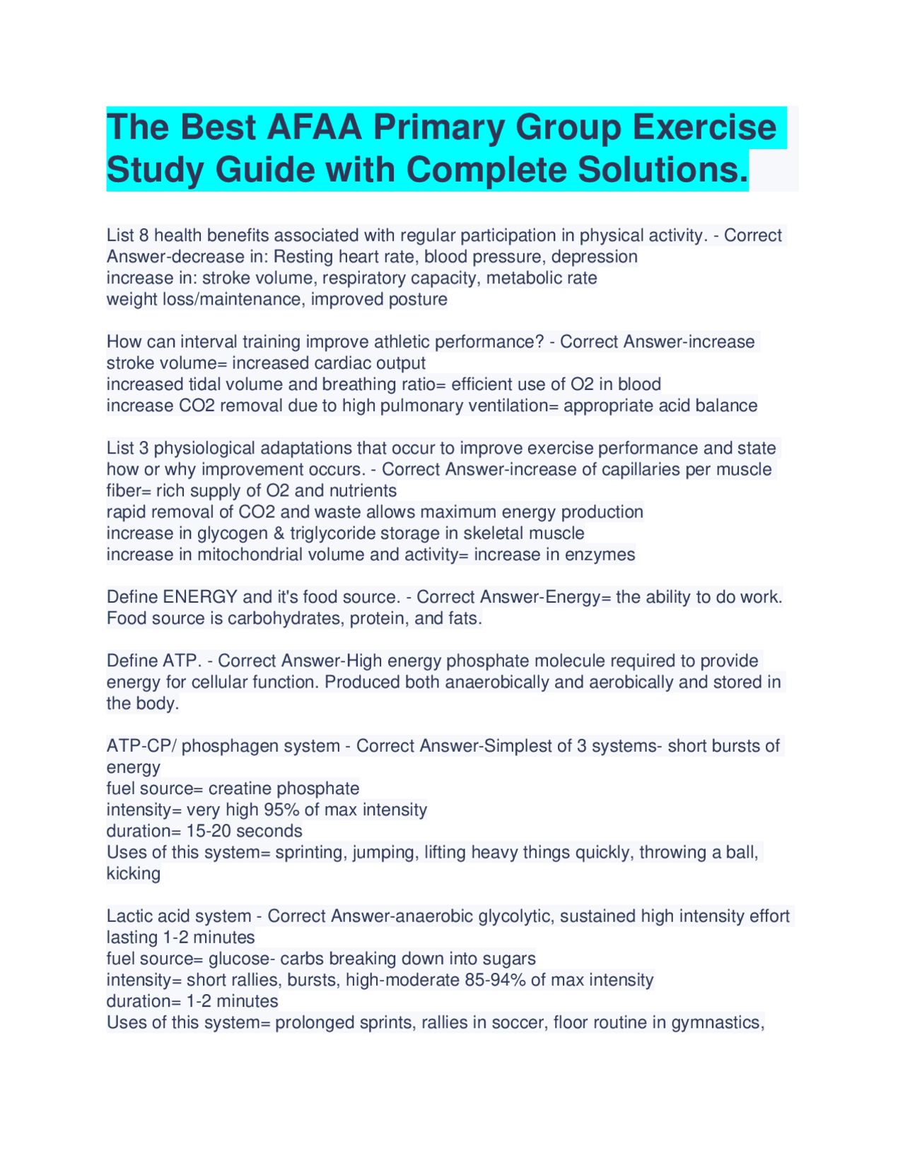 AFAA Primary Group Exercise Study Guide with Solutions | Exams Advanced ...