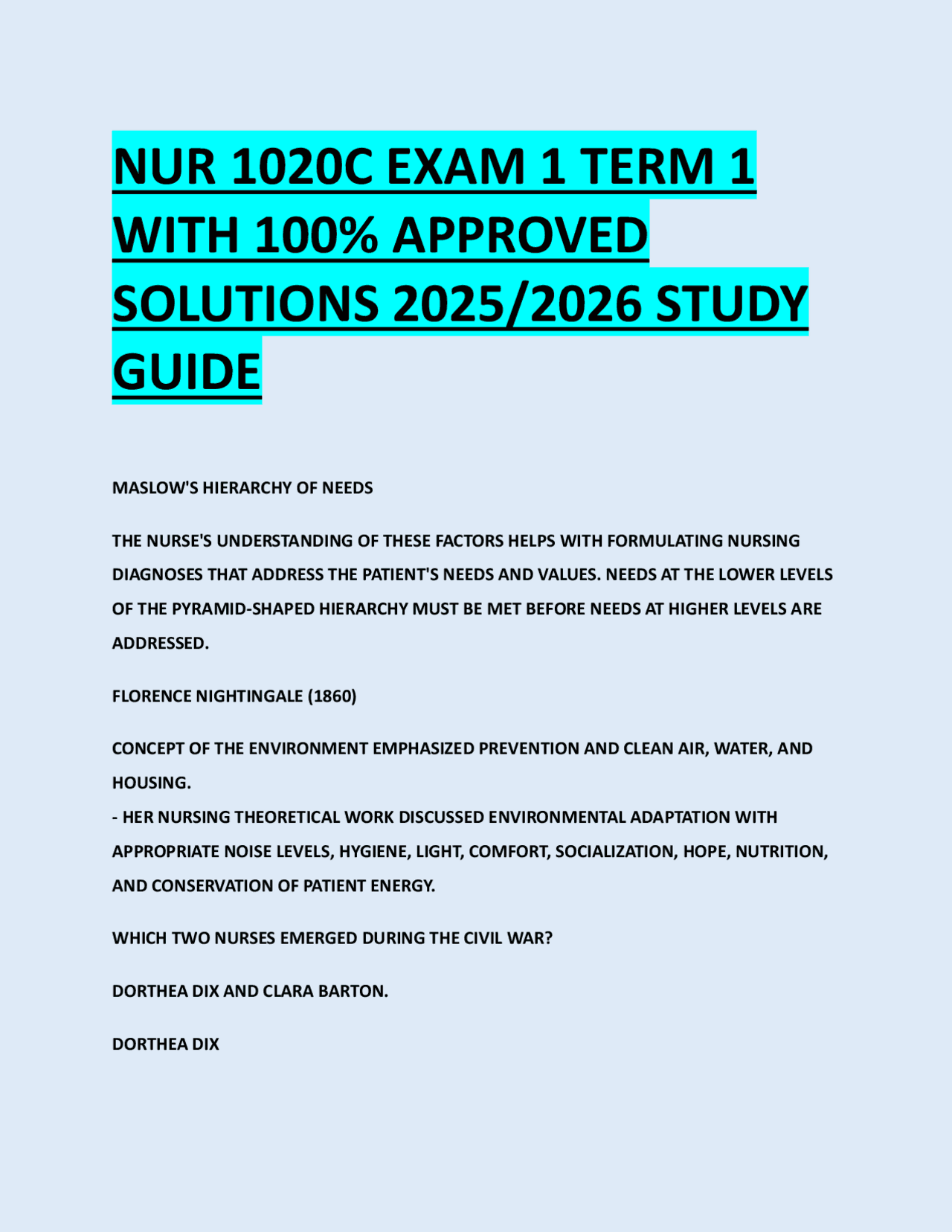 NUR 1020C EXAM 1 TERM 1 WITH 100% APPROVED SOLUTIONS 2025/2026 STUDY ...