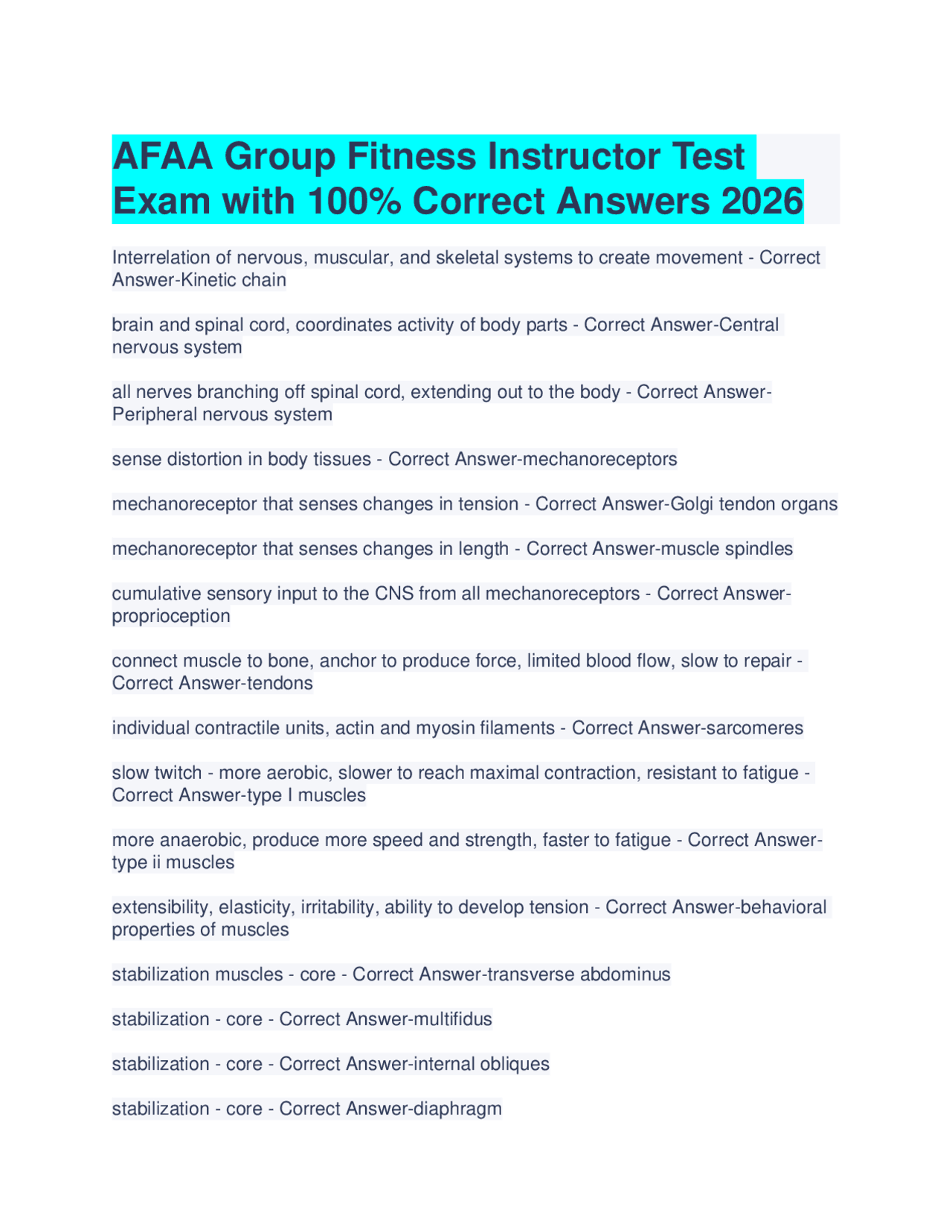 AFAA Group Fitness Instructor Exam: 100% Correct Answers | Exams Advanced Education | Docsity