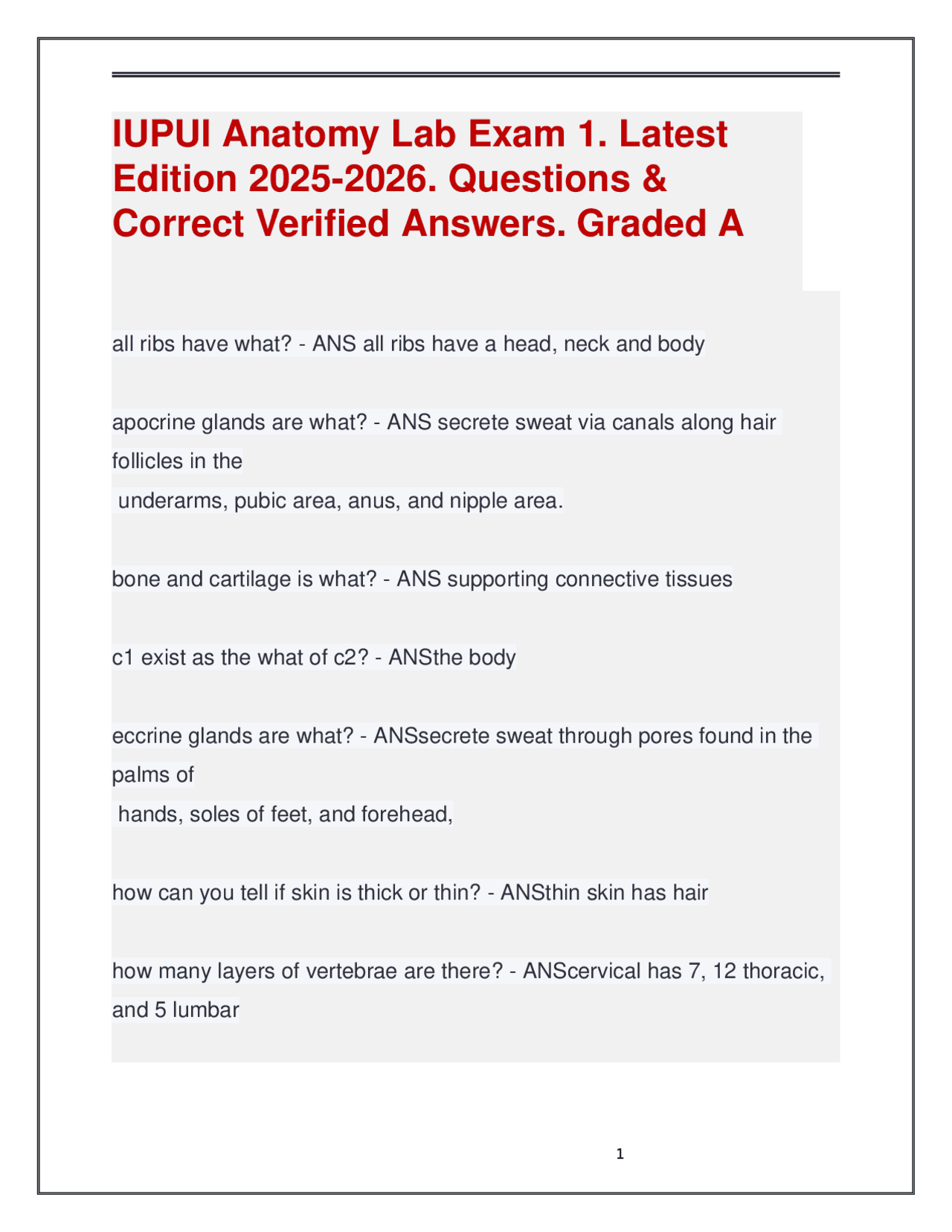 Anatomy Lab Exam Questions and Answers: IUPUI Edition 2025-2026 | Exams ...
