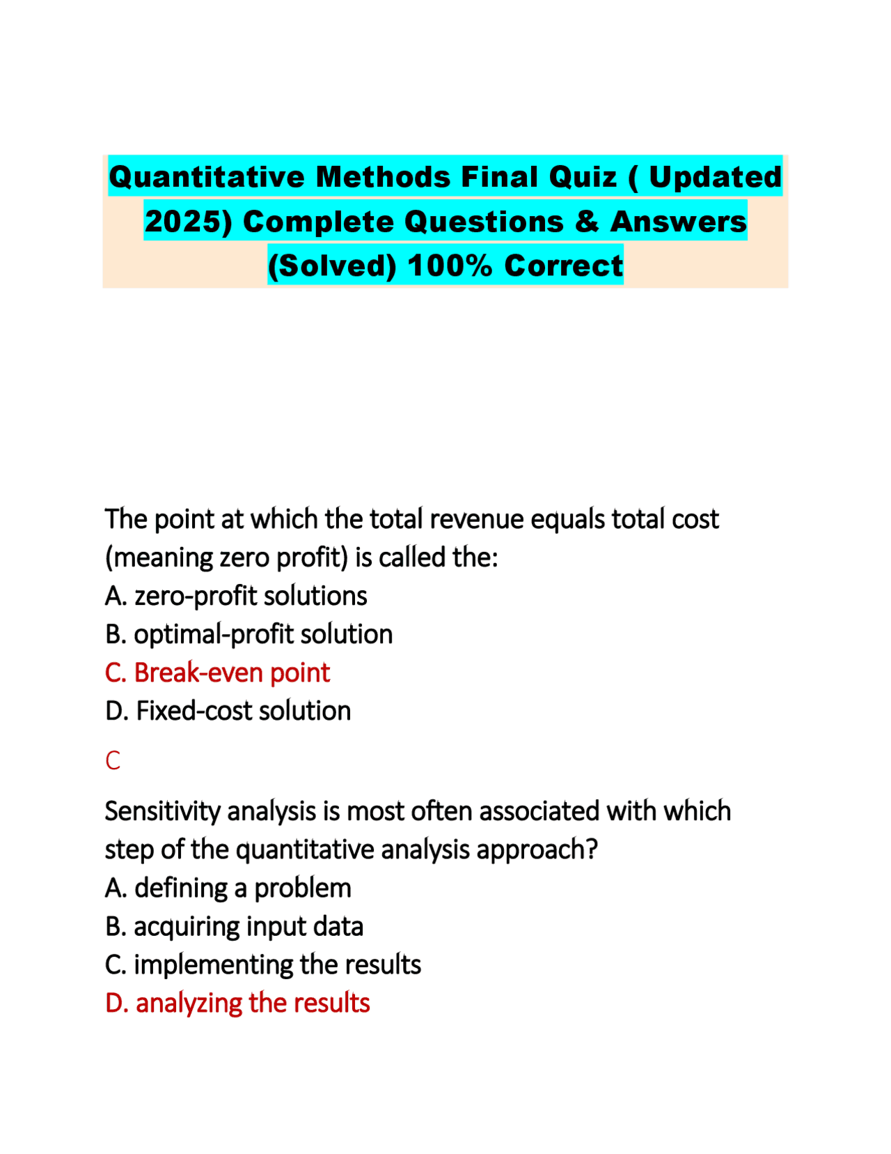 Quantitative Methods Final Quiz with Solved Questions and Answers ...