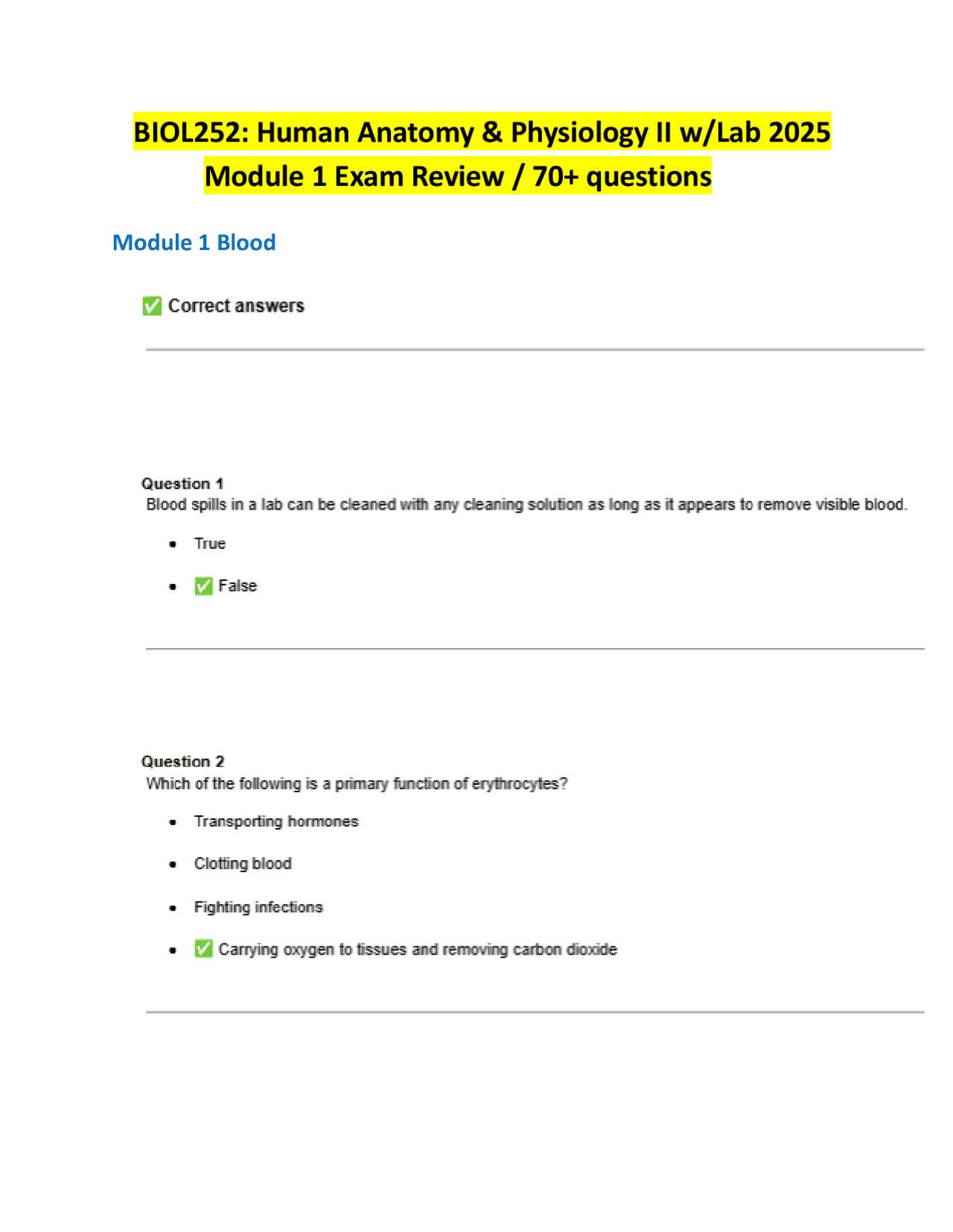 BIOL252: Human Anatomy & Physiology II w/Lab 2025 Module 1 Exam Review ...