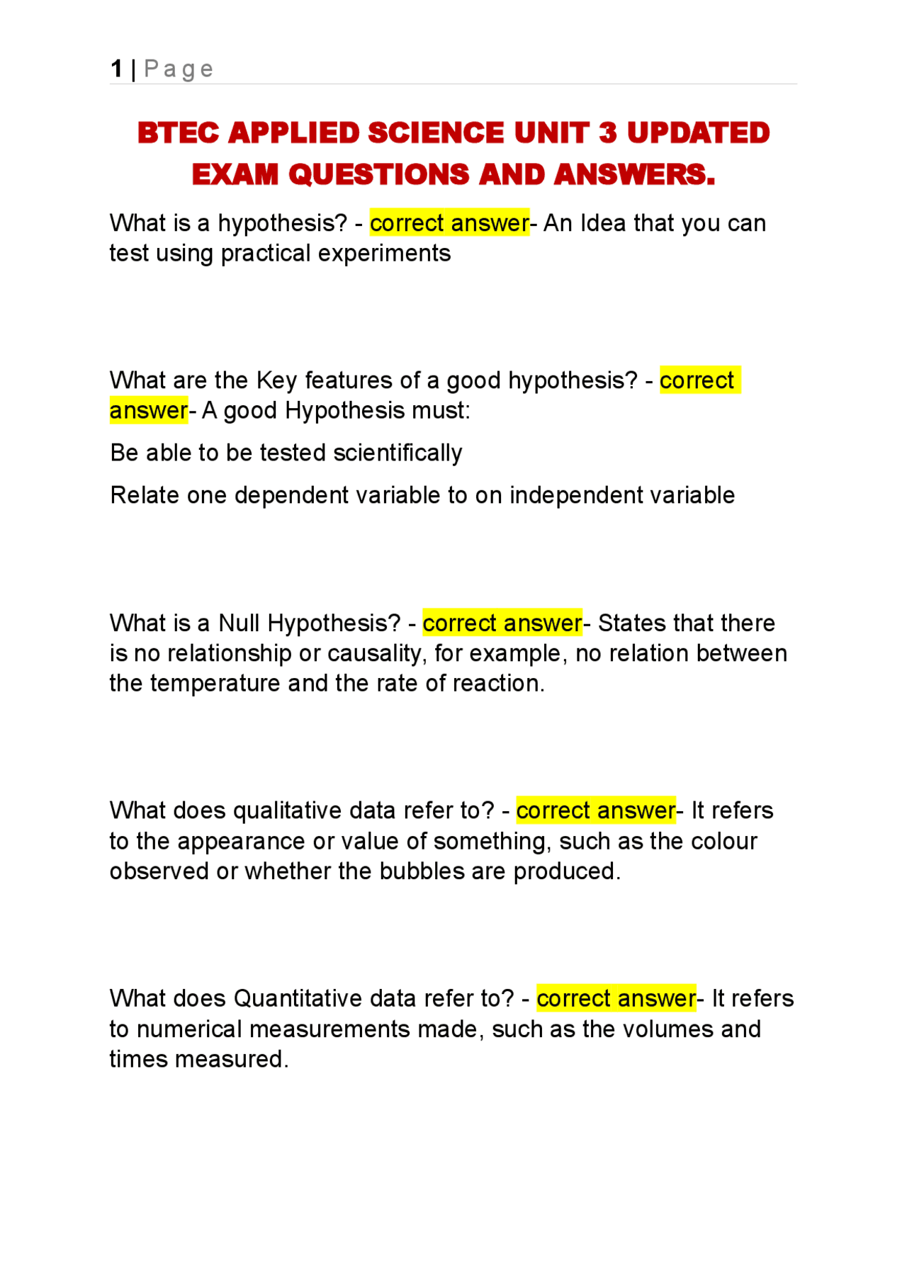 BTEC APPLIED SCIENCE UNIT 3 UPDATED EXAM QUESTIONS AND ANSWERS. | Exams ...