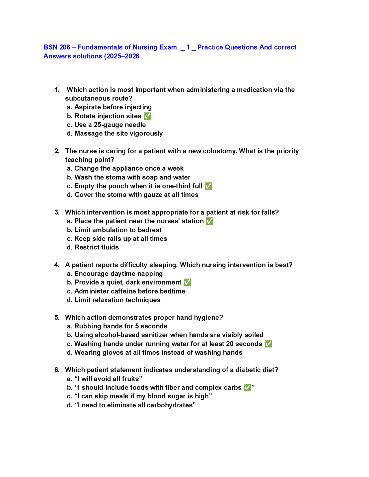 BSN 206 – Fundamentals of Nursing Exam _1 _Practice Questions (2025 ...
