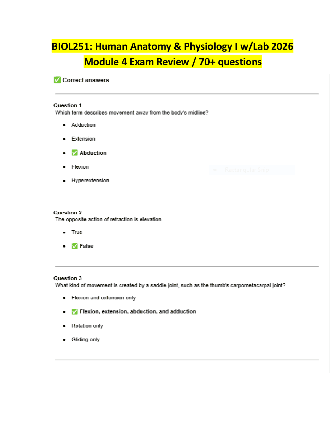 BIOL251: Human Anatomy & Physiology I w/Lab 2026 Module 4 Exam Review ...