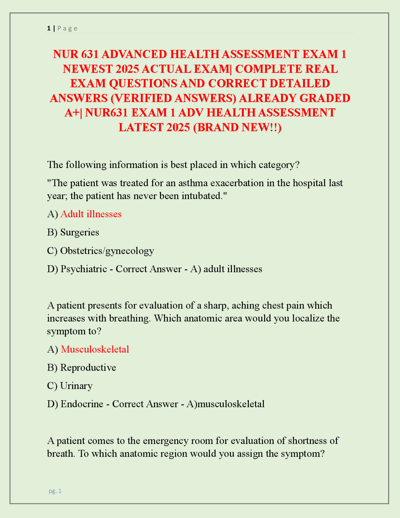 NUR 631 ADVANCED HEALTH ASSESSMENT EXAM 1 NEWEST 2025 ACTUAL EXAM ...