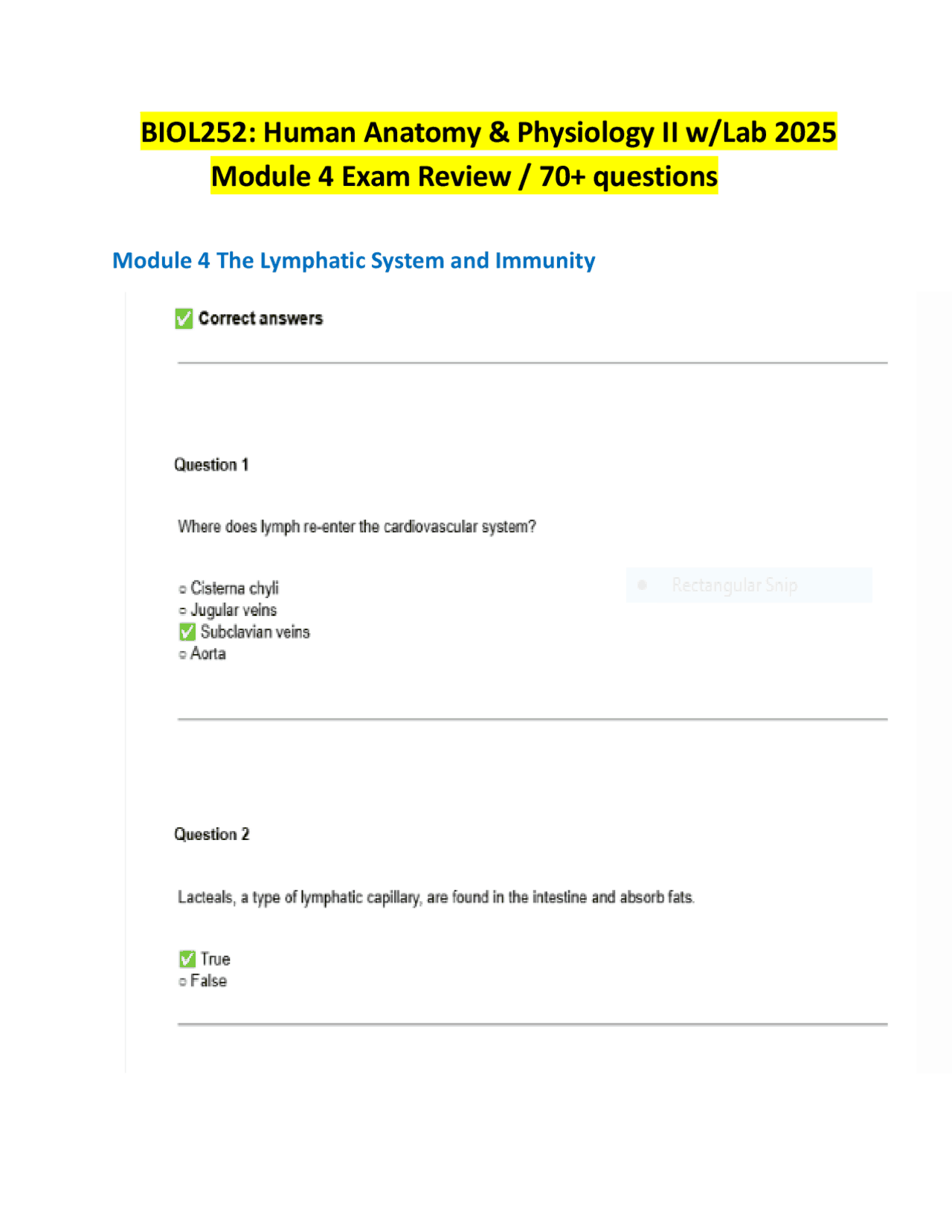 BIOL252: Human Anatomy & Physiology II w/Lab 2025 Module 4 Exam Review ...