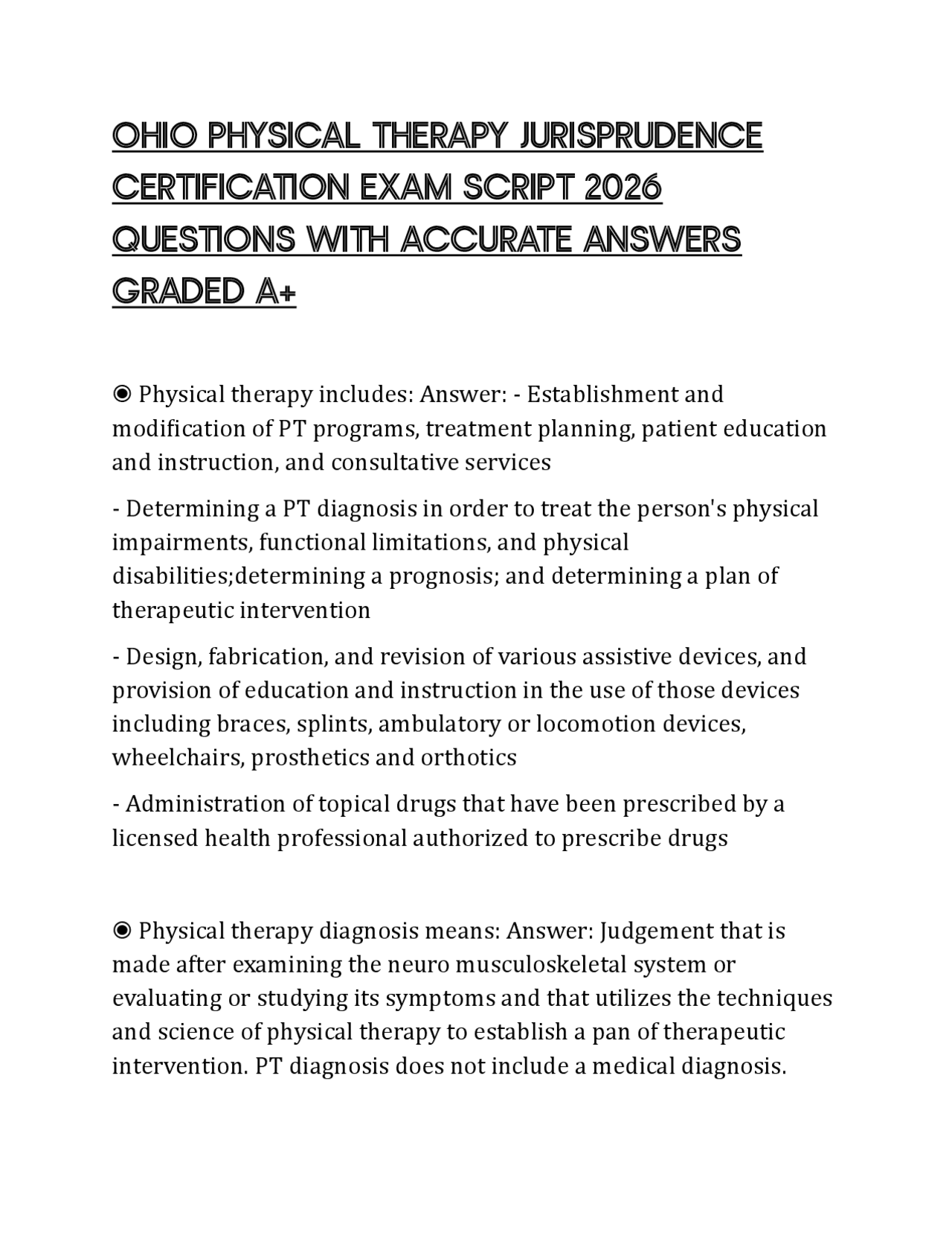 OHIO PHYSICAL THERAPY JURISPRUDENCE CERTIFICATION EXAM SCRIPT 2026 ...
