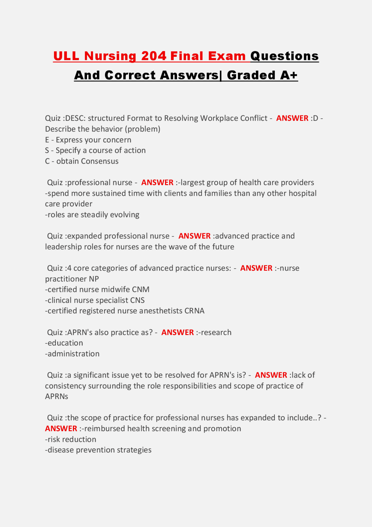Nursing 204 Final Exam Questions and Answers: A Comprehensive Review ...