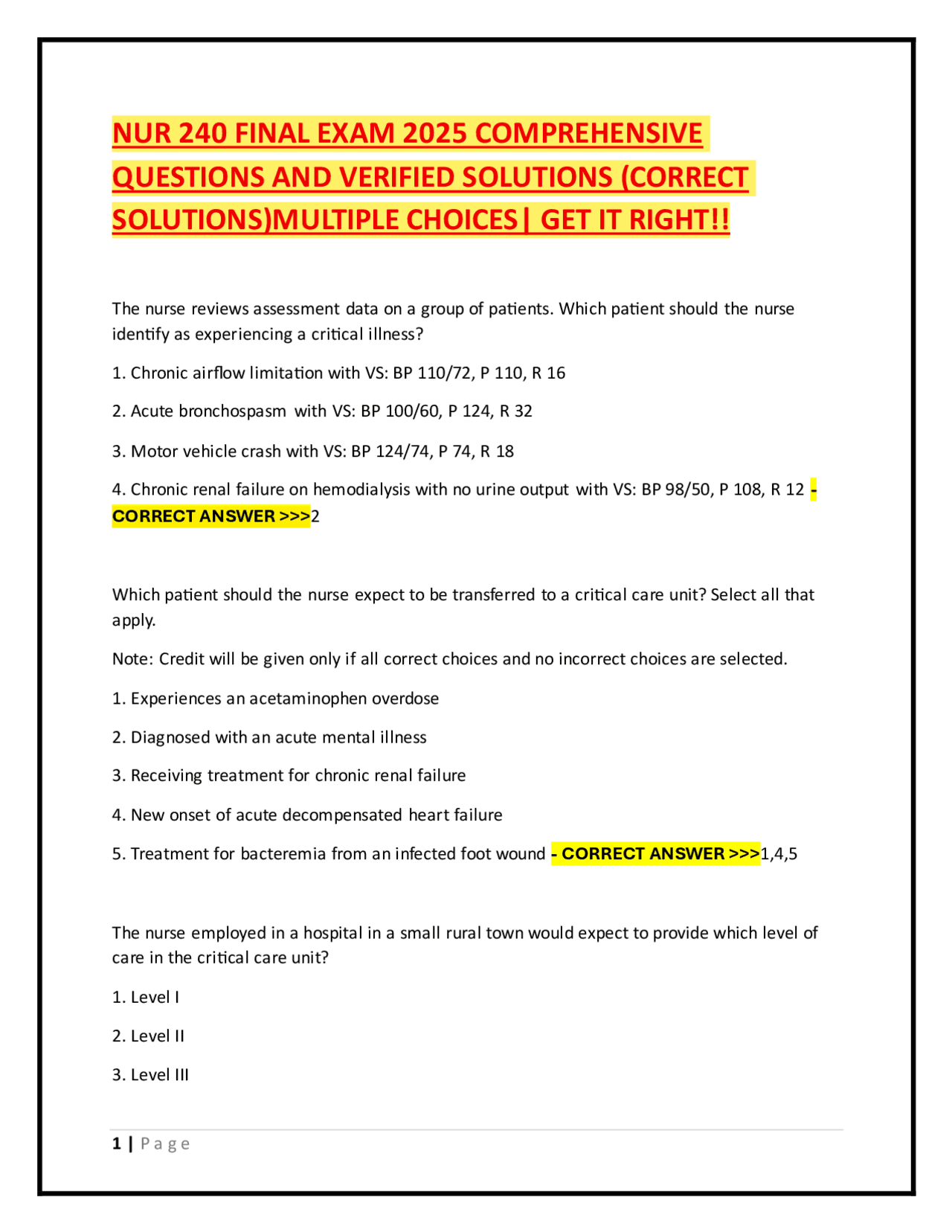 NUR 240 FINAL EXAM 2025 COMPREHENSIVE QUESTIONS AND VERIFIED SOLUTIONS ...