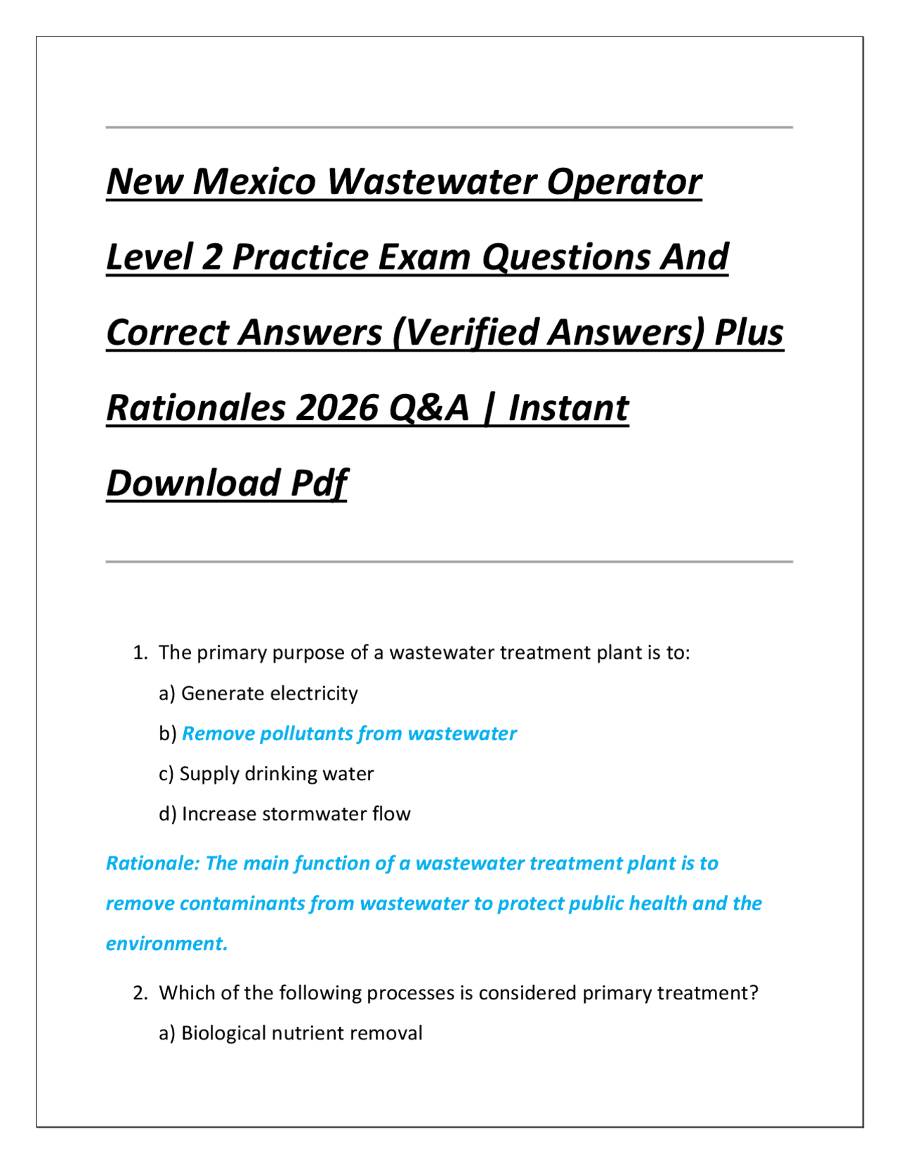 New Mexico Wastewater Operator Level 2 Practice Exam Questions And ...
