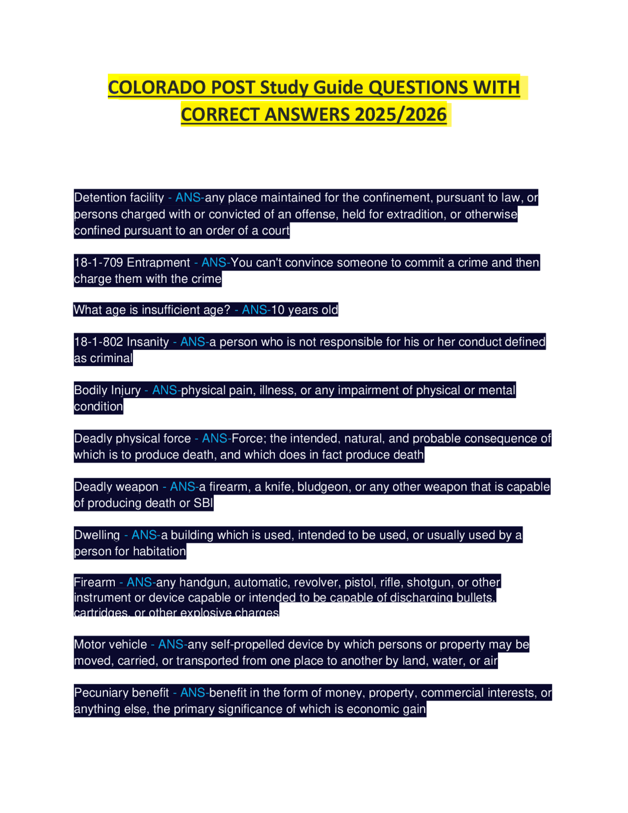 COLORADO POST Study Guide QUESTIONS WITH CORRECT ANSWERS 2025/2026 ...