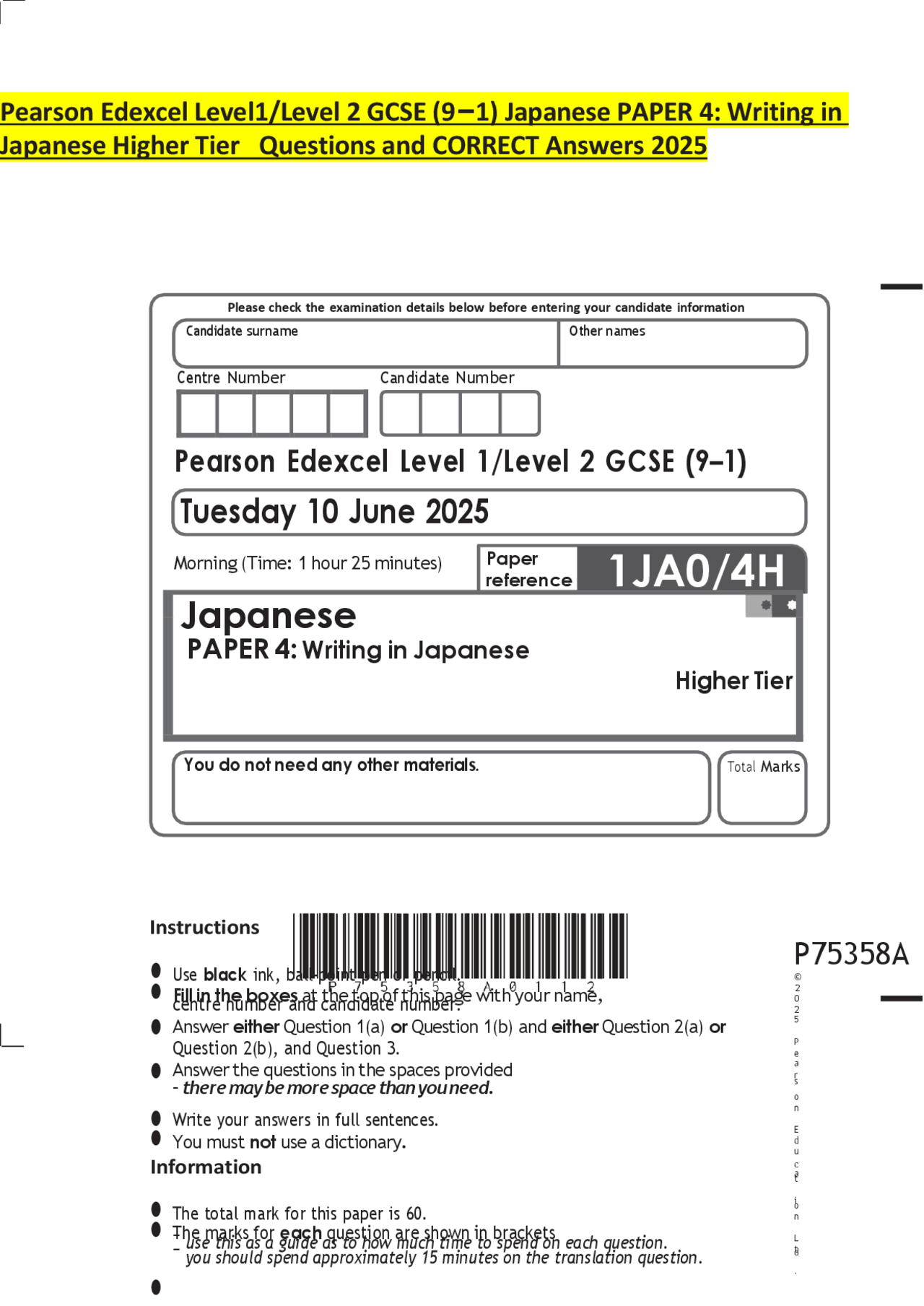 Japanese Testing Paper Pearson Edexcel Level1/Level 2 GCSE (9–1) Japanese PAPER 4: Writing in ...