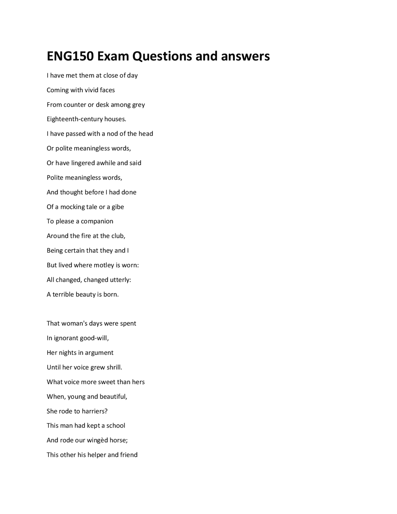 ENG150 Exam Questions and Answers: Poetry Analysis | Exams English ...