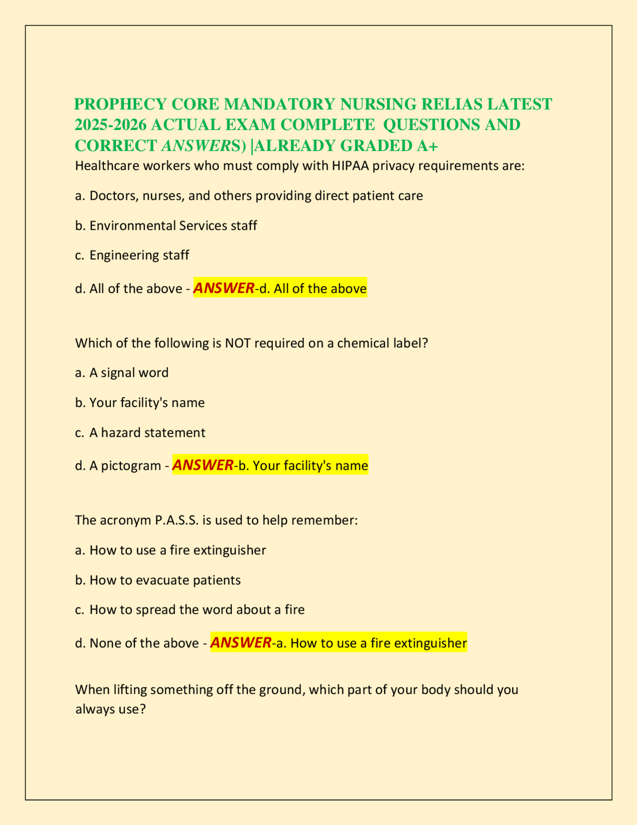 PROPHECY CORE MANDATORY NURSING RELIAS LATEST 2025-2026 ACTUAL EXAM COMPLETE QUESTIONS AN ...