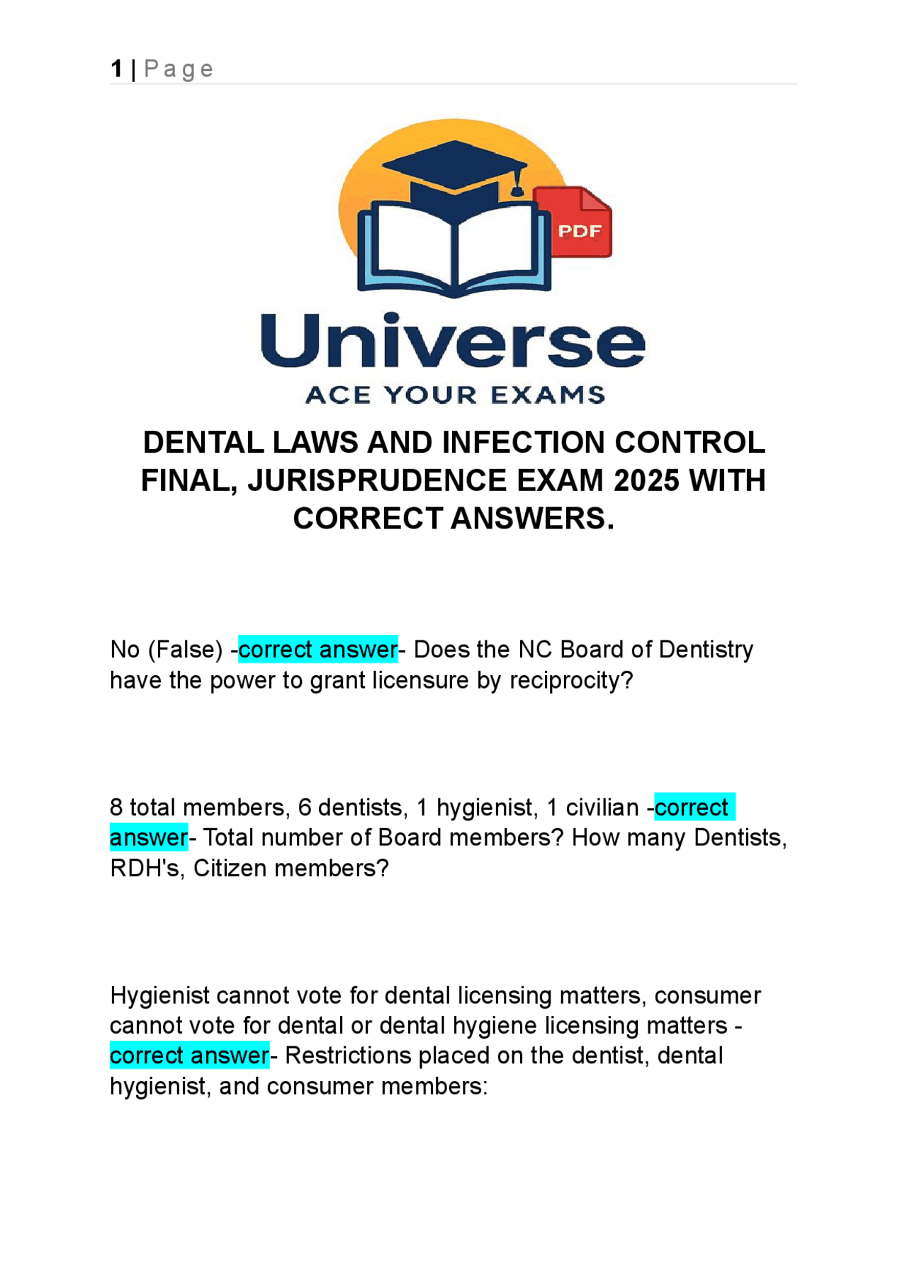 Dental Jurisprudence and Infection Control Exam Questions and Answers ...
