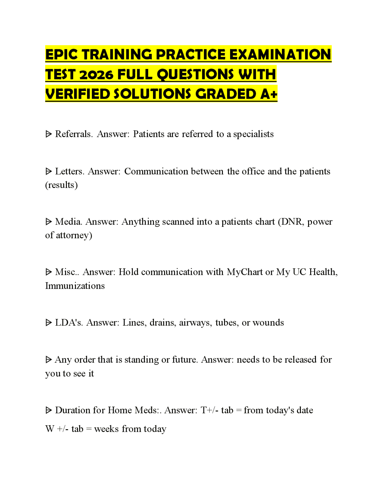 EPIC TRAINING PRACTICE EXAMINATION TEST 2026 FULL QUESTIONS WITH VERIFIED SOLUTIONS GRADED ...