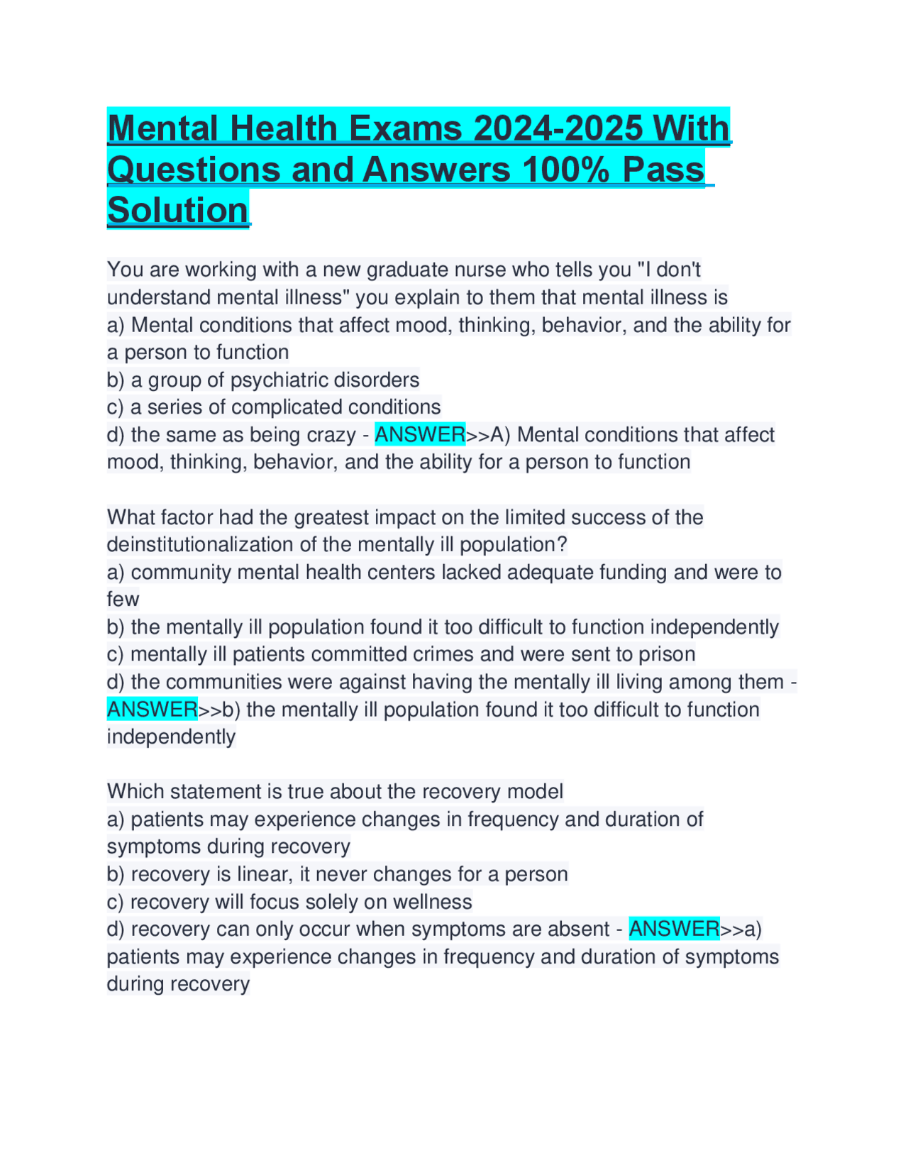 Mental Health Nursing Exam Questions and Answers 2024-2025 | Exams ...