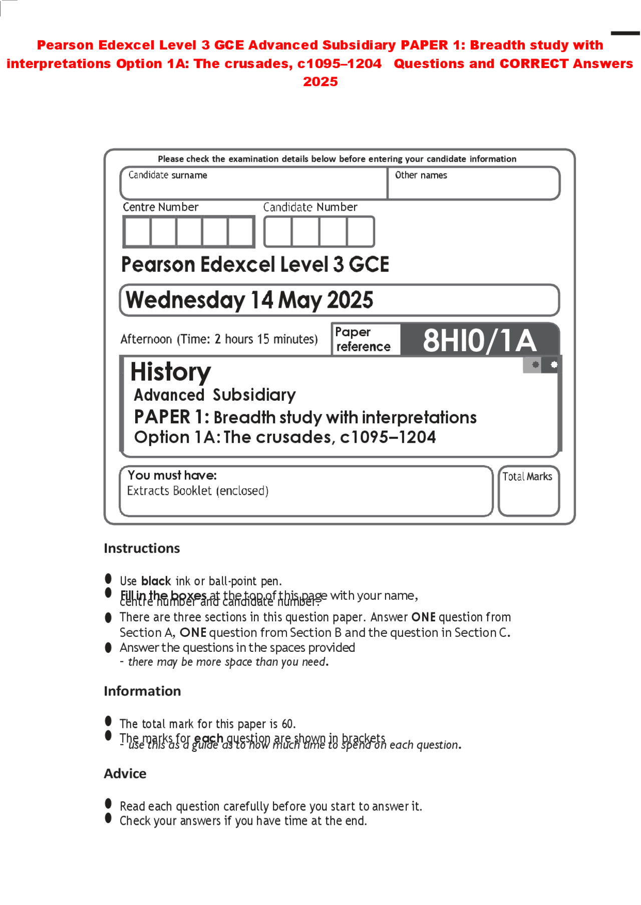 GCE History Exam Paper 1: The Crusades, c10951204 - Questions and ...