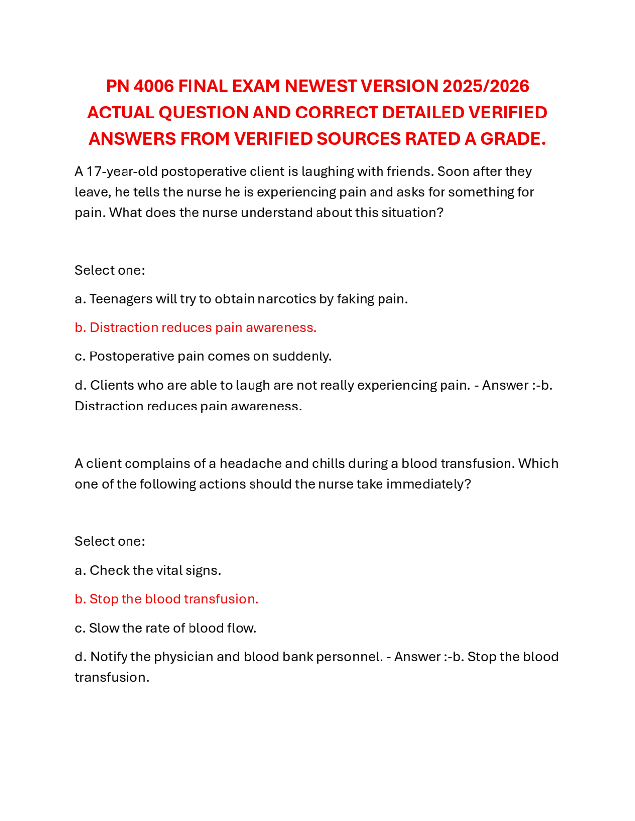 PN 4006 Nursing Exam Questions and Answers 2025/2026 | Exams Nursing ...