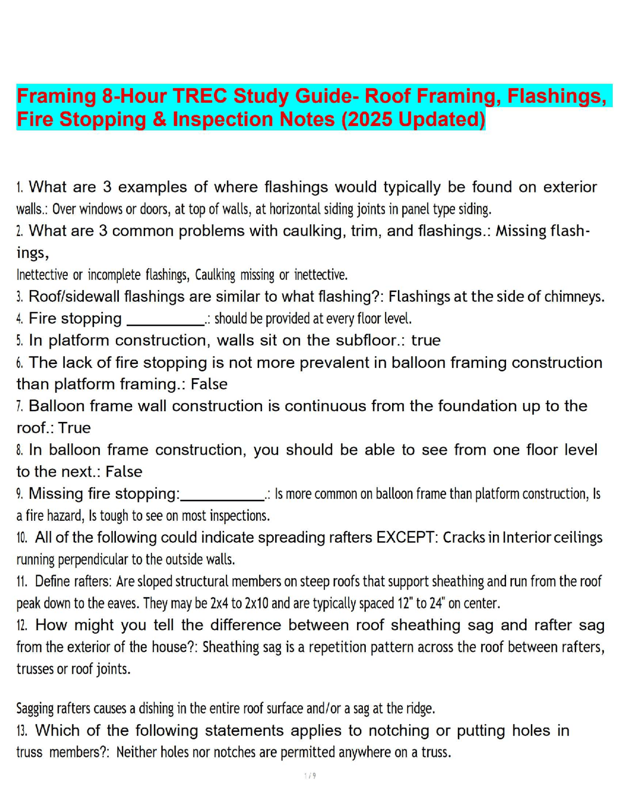 Framing 8-Hour TREC Study Guide- Roof Framing, Flashings, Fire Stopping ...