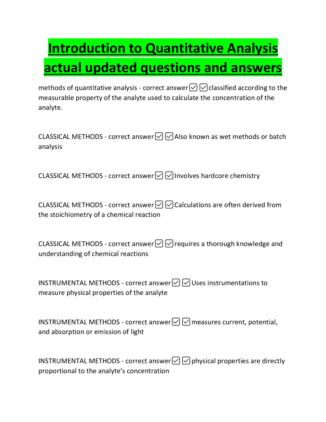 Quantitative Analysis: Questions and Answers | Exams Chemistry | Docsity