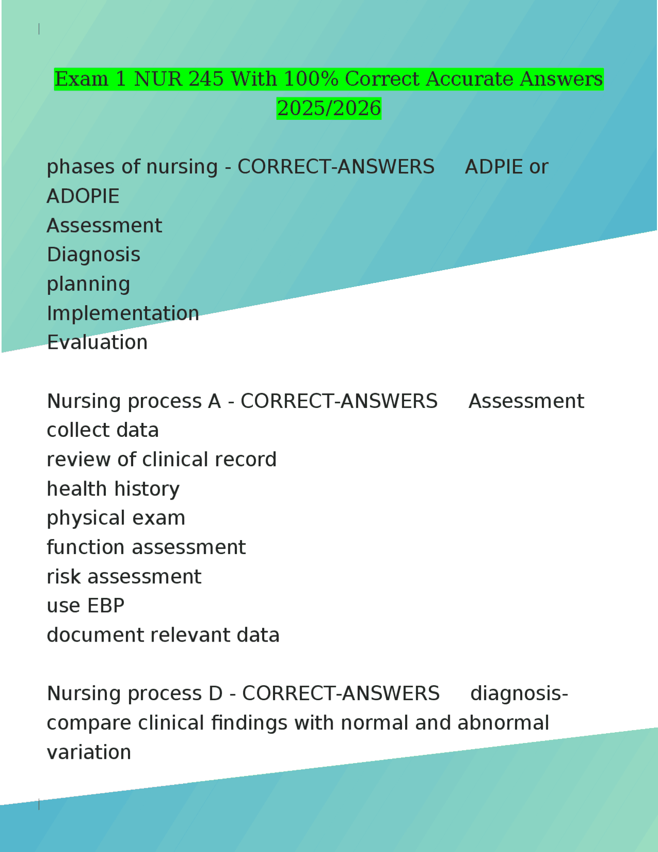 Exam 1 NUR 245 With 100% Correct Accurate Answers 2025/2026 | Exams ...