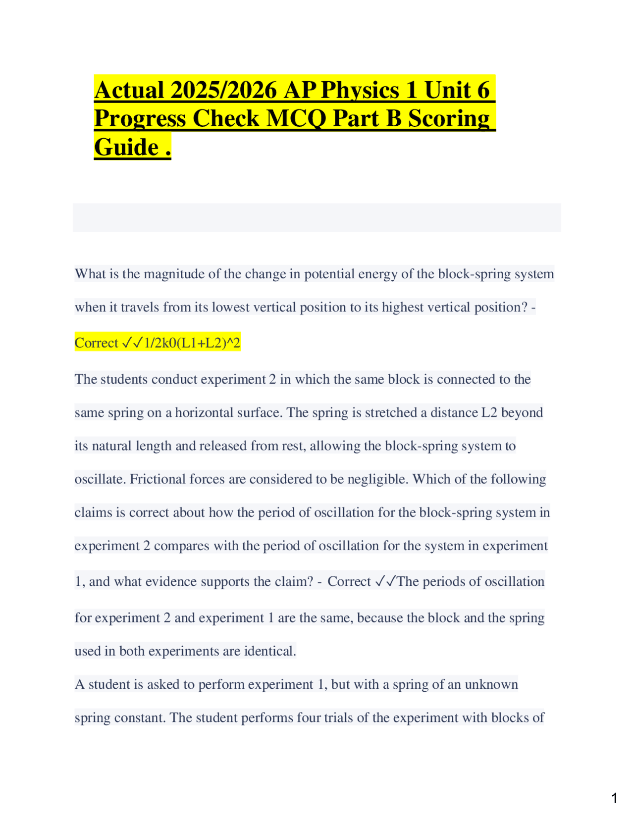 Actual 2025/2026 AP Physics 1 Unit 6 Progress Check MCQ Part B Scoring ...
